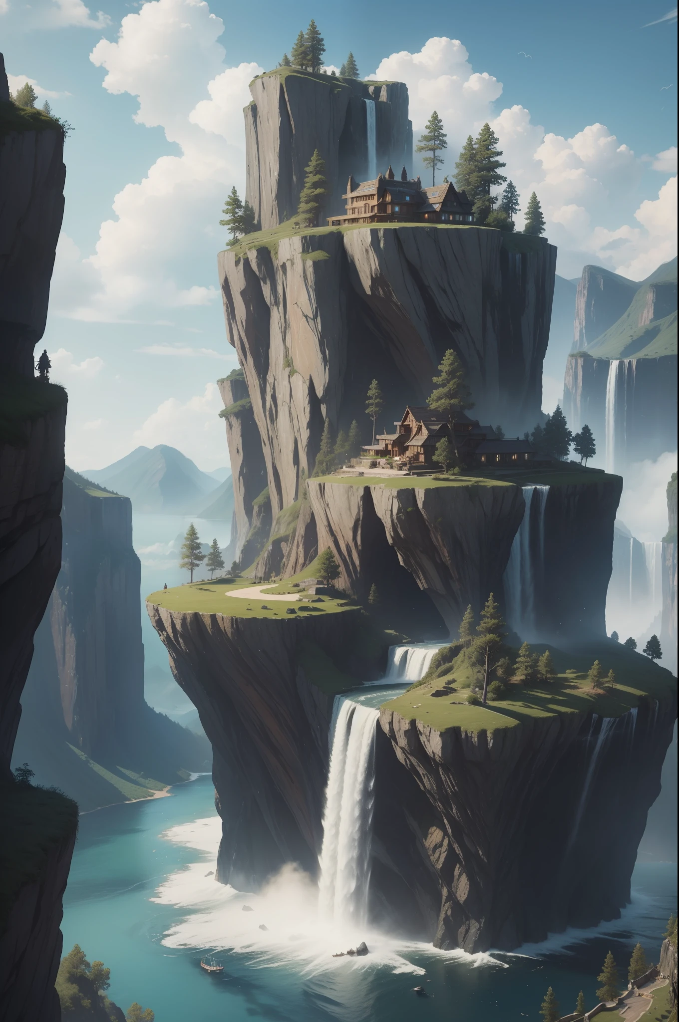 Masterpiece, best quality, high quality, extremely detailed CG unity 8k wallpaper, landscape, outdoor, sky, cloud, sky, no humans, mountain, landscape, water, tree, blue sky, waterfall, cliff, nature, lake, river , cloudy skies, award winning photography, bokeh, depth of field, HDR, bloom, chromatic aberration, photorealism, very detailed, trending on artstation, trending on CGsociety, intricate, high detail, dramatic, midjourney art