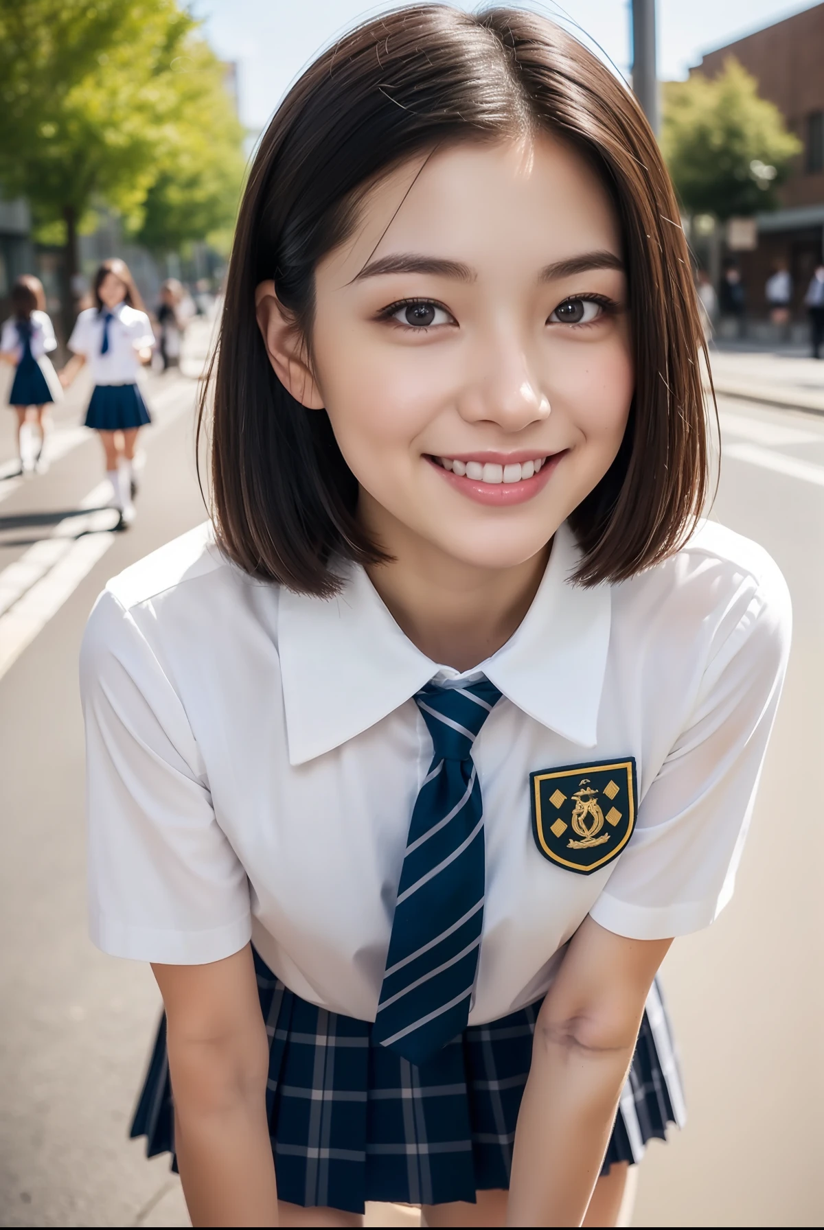 (((full bodyesbian)))、(((Girls' High School Uniforms)))、18year old、Posing、Beautiful girl with black hair、japanese beauty girl、Beautiful butt、((short-hair))、Perfect style、beauty legs、kawaii、((a miniskirt))、(((1人)))、((In the street))、Transcendent cute、A slight smil、((Outstanding style))、Japanese high school girl、Photorealsitic、Beautiful detailed eyes、Hyper-Realism、highcontrast、Ultra HD、realistic skin textures、Top image quality、top-quality、超A high resolution、Fine details、Very meticulously