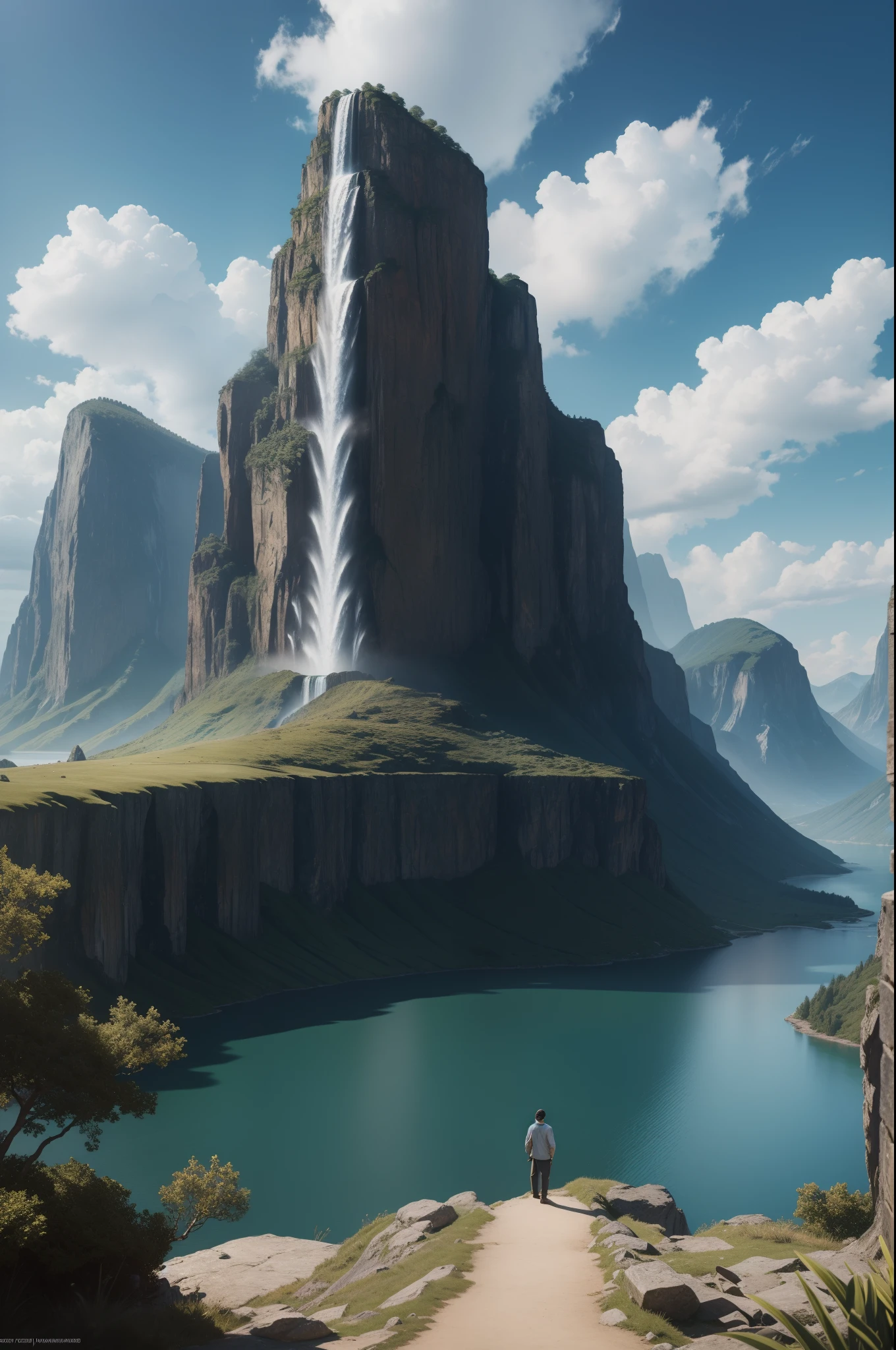 Masterpiece, best quality, high quality, extremely detailed CG unity 8k wallpaper, landscape, outdoor, sky, cloud, sky, no humans, mountain, landscape, water, tree, blue sky, waterfall, cliff, nature, lake, river , cloudy skies, award winning photography, bokeh, depth of field, HDR, bloom, chromatic aberration, photorealism, very detailed, trending on artstation, trending on CGsociety, intricate, high detail, dramatic, midjourney art