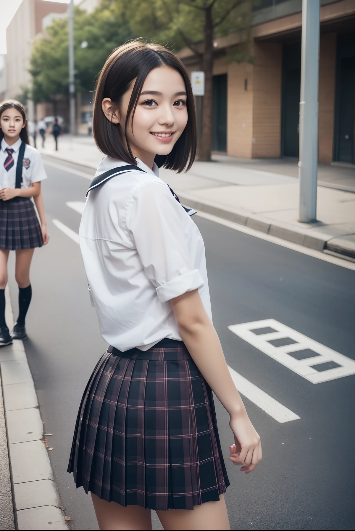 (((High school students)))、(((Girls' High School Uniforms)))、18year old、Posing、Beautiful girl with black hair、japanese beauty girl、Beautiful butt、((short-hair))、Perfect style、beauty legs、kawaii、((a miniskirt))、(((1人)))、((In the street))、Transcendent cute、A slight smil、((Outstanding style))、Japanese high school  girl、Photorealsitic、Beautiful detailed eyes、Hyper-Realism、highcontrast、Ultra HD、realistic skin textures、Top image quality、top-quality、超A high resolution、Fine details、Very meticulously