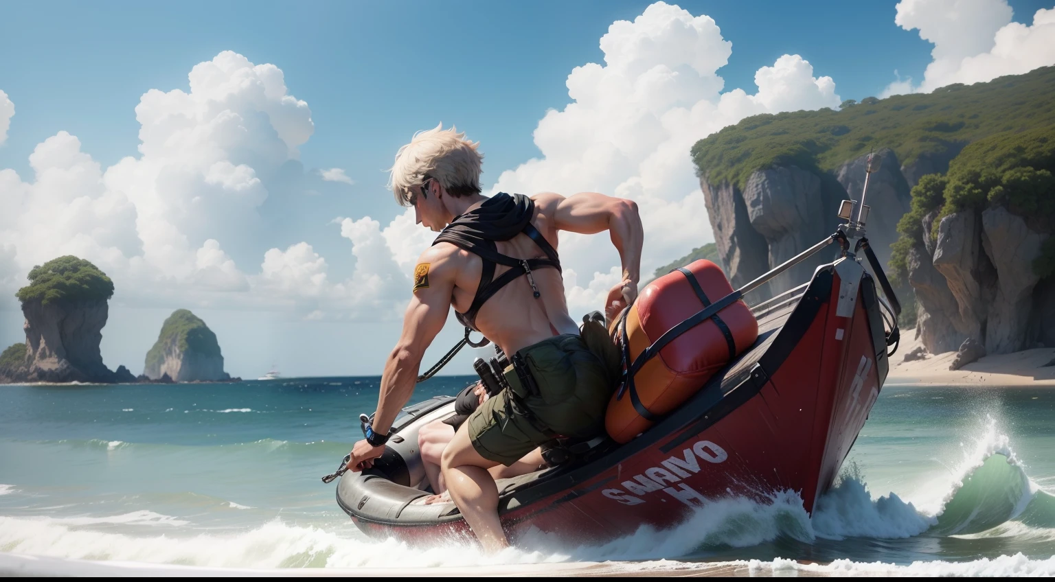 Show me images of someone being rescued from an island."in anime style