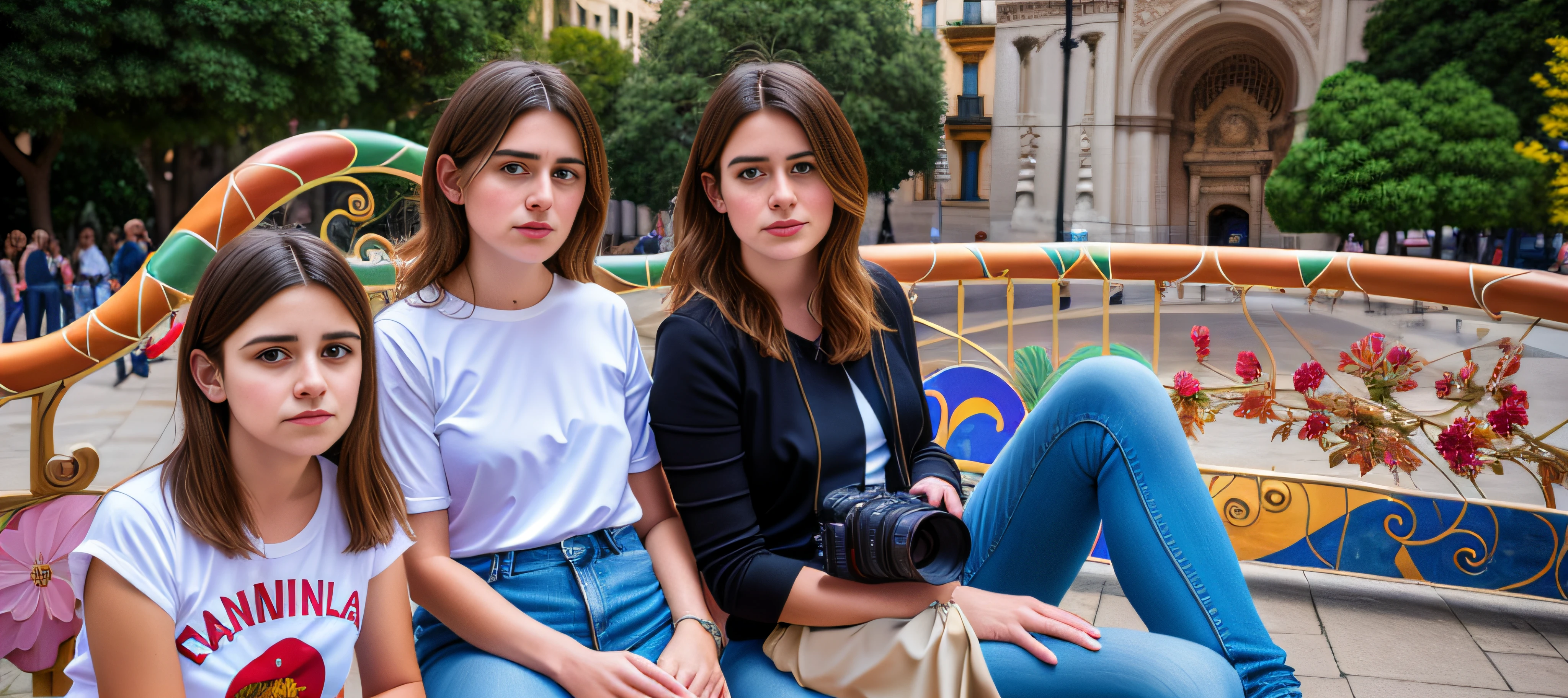 three women sitting on a bench with a camera in front of them, in barcelona, a picture, photo portrait, in spain, portrait photo, foto, vacation photo, portrait picture, profile pic, portait photo, profile image, posed, taken in the early 2020s, maia sandu hyperrealistic, photo taken in 2020