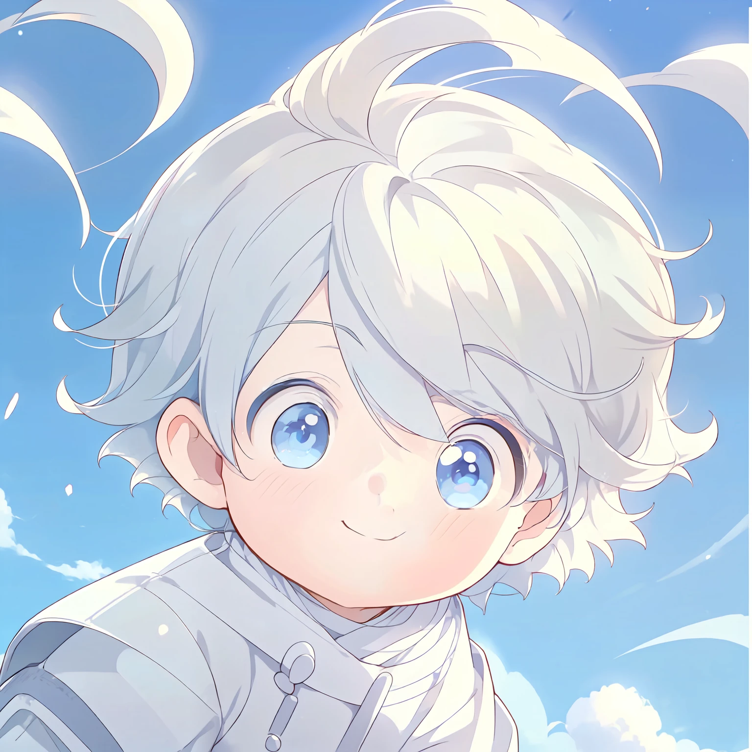 1 super cute boy, Clean background, HD Q version anime boy，3 year old boy，Fluffy white hair baby face，adolable，Dumb cute，Q version characters，ssmile，with blue sky and white clouds