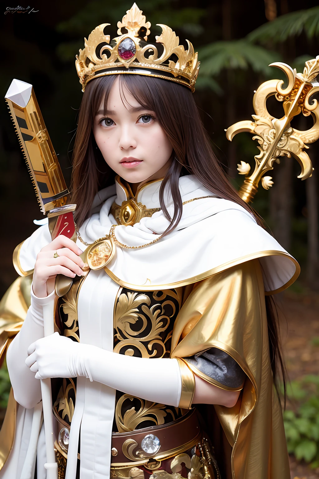 (masutepiece), Professional , masterpiece、top-quality、photos realistic , depth of fields (Gemstone Silver Metal Body:1.9),(Matte White、 Gold Weapon_(Metal:1.4),Gorgeous metal weapons , Detailed Sword of the Brave , Beautiful knife ,warhammer 40k , adepta sororitas,Detail and ornate jewel crown、Brown hair、Gangle's forest background、Beautiful Caucasian Beauty、1a person、dynamic ungle,(((Detailed and ornate diamond crown)))、