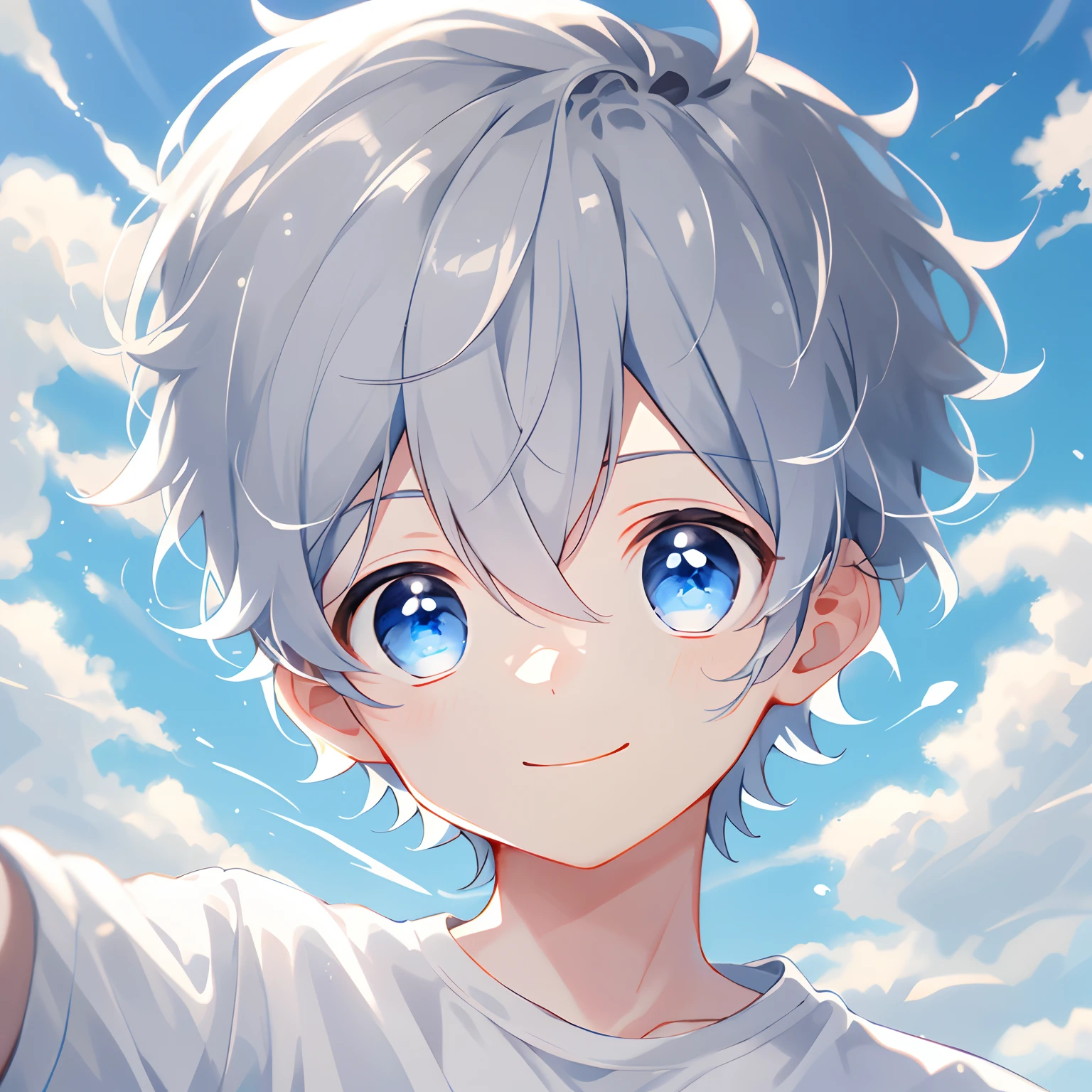 1boys，Solo, sportrait，whaite hair, short detailed hair, eBlue eyes, Hair between both eyes, Blue sky，The cloudy，ssmile，white backgrounid，clean backdrop