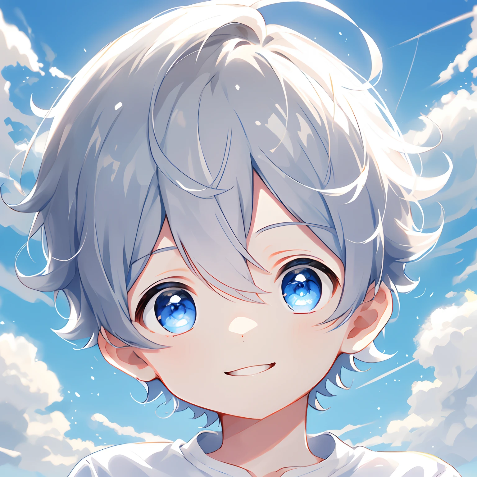 1boys，Solo, sportrait，whaite hair, short detailed hair, eBlue eyes, Hair between both eyes, Blue sky，The cloudy，ssmile，white backgrounid，clean backdrop