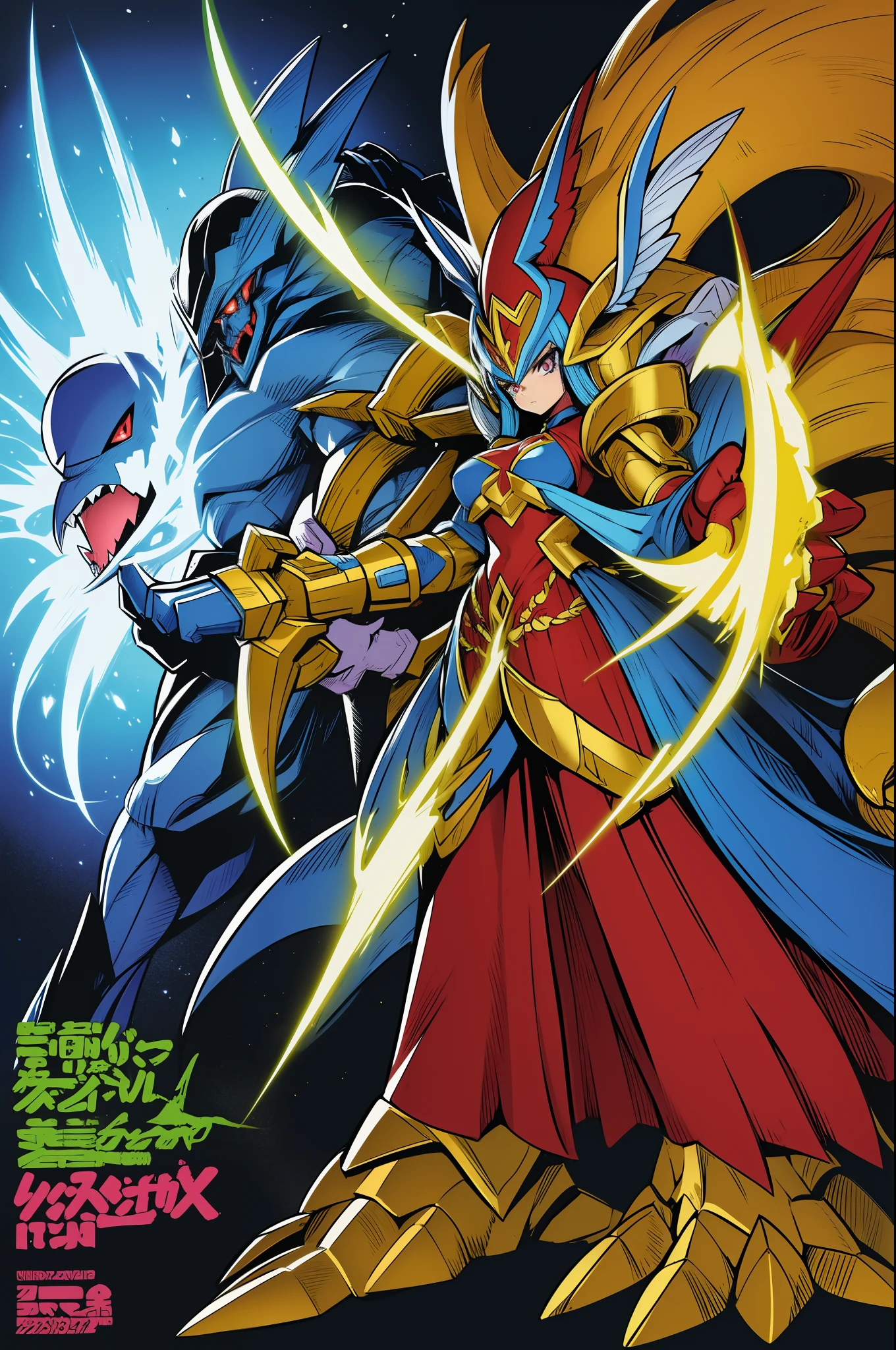 "Powerful barbarian with insect-like angelic armor, reminiscent of Digimon and Guyver, joins forces with a group of sentai heroes. The robot girl with huge breasts adds an overwhelming presence to the scene." musclegirl
waiting to start
