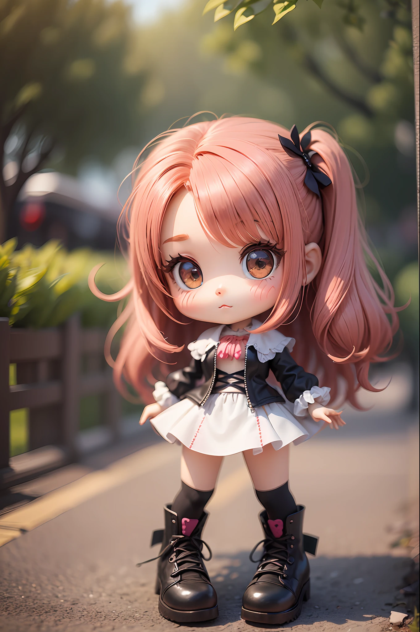 uma boneca fofa, cabelo vermelho, chibi cartoon de corpo inteiro, hearts in hair, 3d render --auto --s2