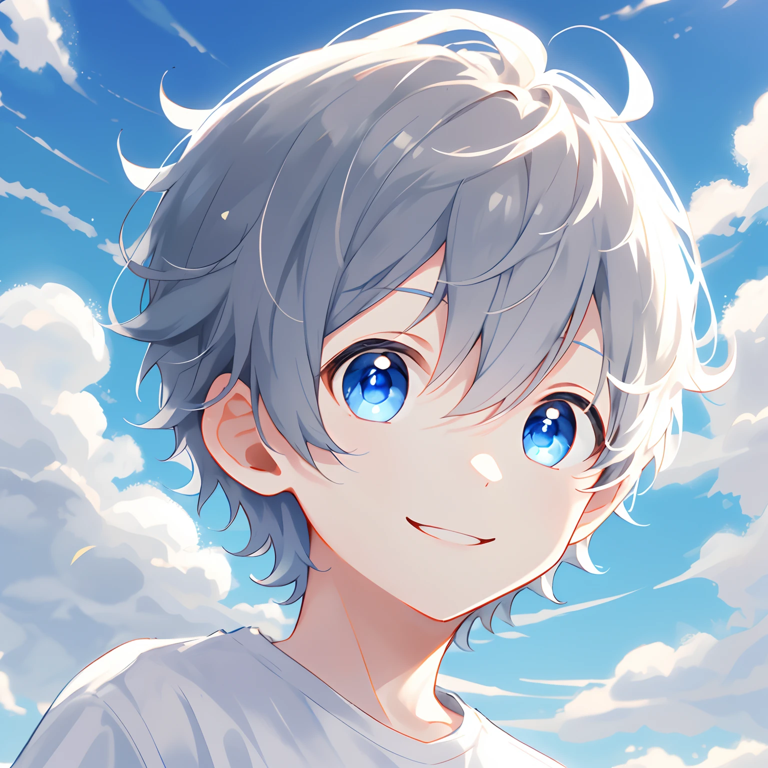 1boys，Solo, sportrait，whaite hair, short detailed hair, eBlue eyes, Hair between both eyes, Blue sky，The cloudy，ssmile，white backgrounid，clean backdrop