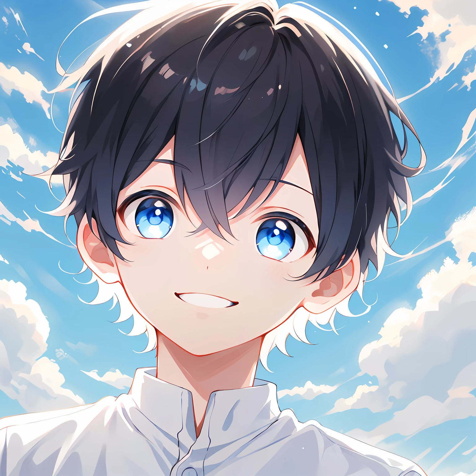 1boys，Solo, sportrait，whaite hair, short detailed hair, eBlue eyes, Hair between both eyes, Blue sky，The cloudy，ssmile，white backgrounid，clean backdrop