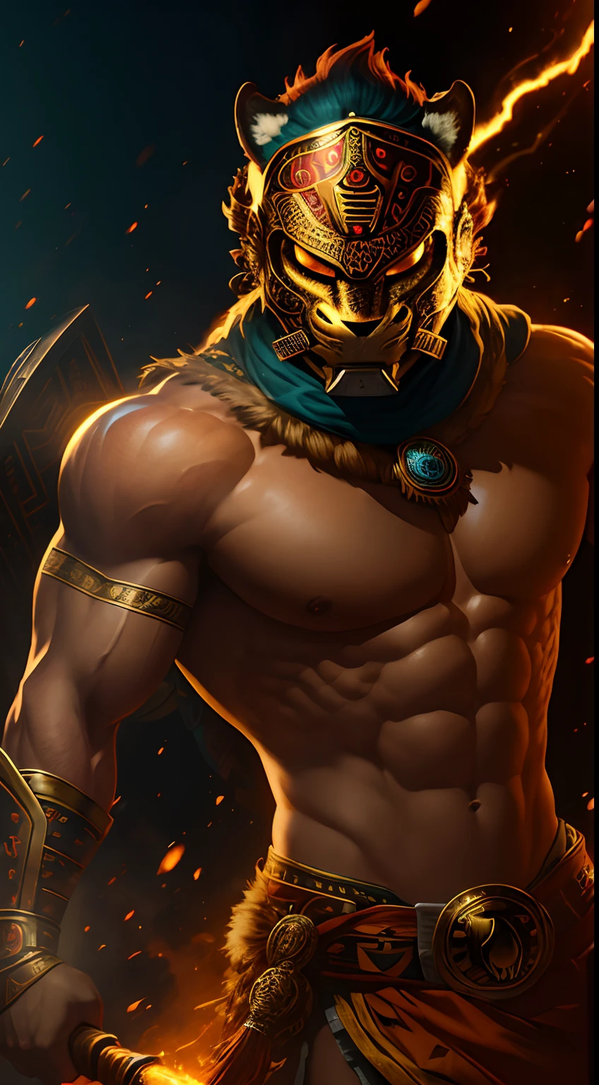 (8k), Ultra resolution 8K, Stunning illustration of a hero wearing a jaguar mask helmet, Warrior Prince,Athletic Body Aztec Warrior Costume, Cinematic lighting