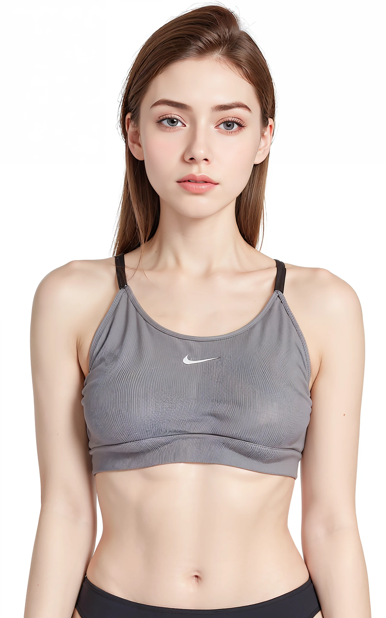 A closeup of a gorgeous woman in a gray sports bra top, sports bra, Esporte bom, brassier, sport bra and shirt, detailed sports bra, sport bra and shorts, roupas esportivas, Bralette, roupas esportivas, two piece workout clothes, tight push up bra, camisa Nike, sport bra and dark blue shorts, roupas esportivas fofas, in a bra