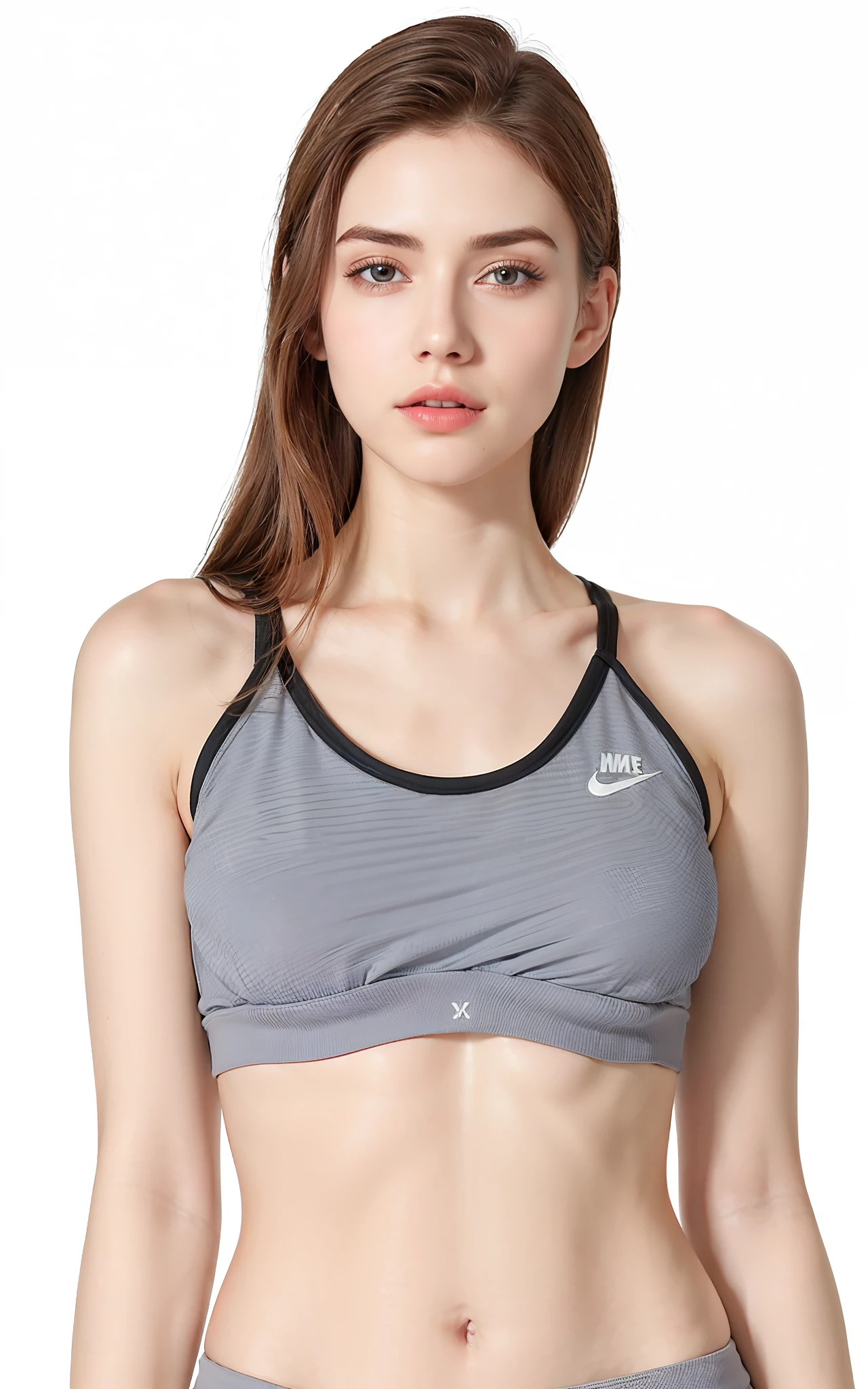 A closeup of a gorgeous woman in a gray sports bra top, sports bra, Esporte bom, brassier, sport bra and shirt, detailed sports bra, sport bra and shorts, roupas esportivas, Bralette, roupas esportivas, two piece workout clothes, tight push up bra, camisa Nike, sport bra and dark blue shorts, roupas esportivas fofas, in a bra