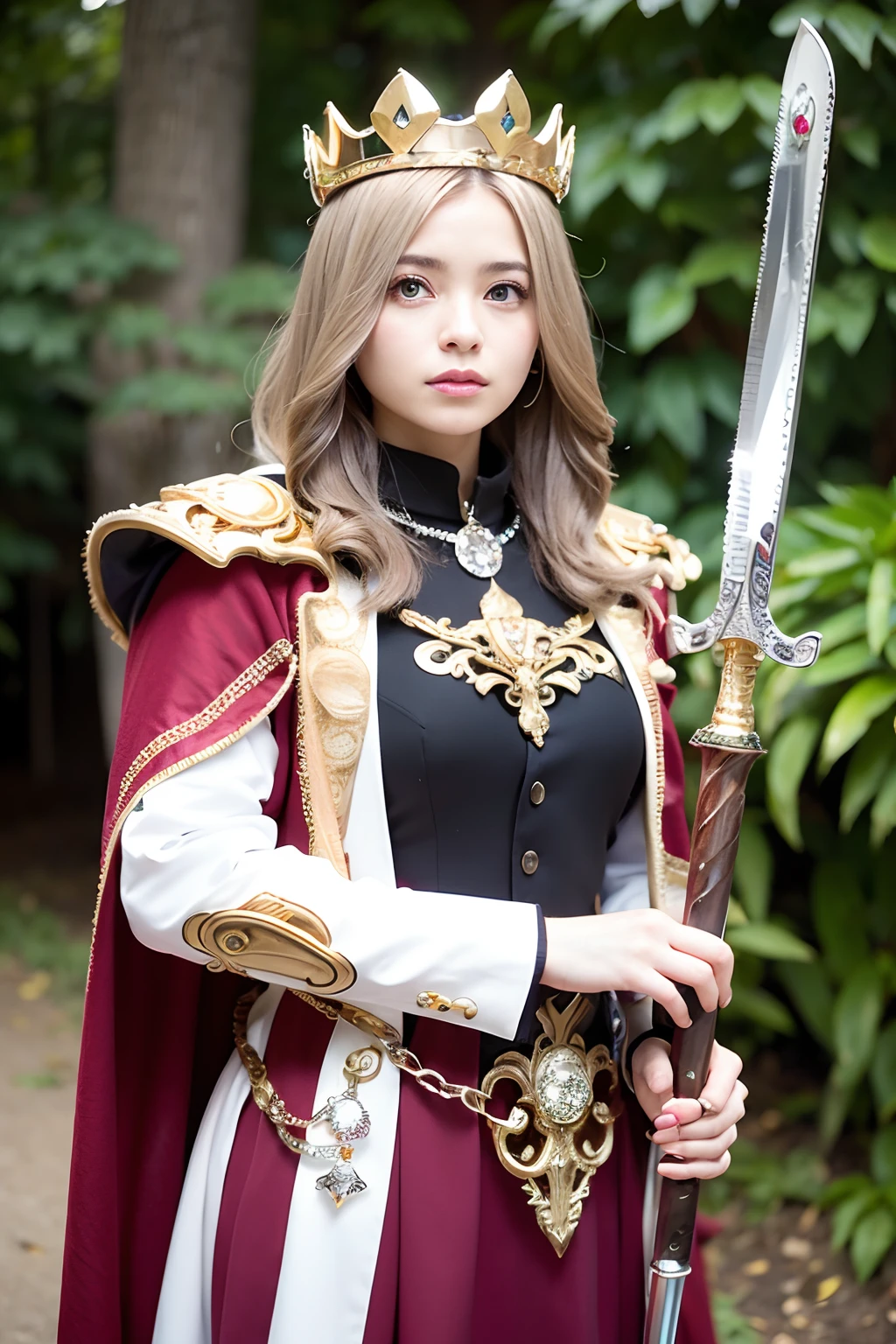 (masutepiece), Professional , masterpiece、top-quality、photos realistic , depth of fields (Gemstone Silver Metal Body:1.9),(Matte White、 Gold Weapon_(Metal:1.4),Gorgeous metal weapons , Detailed Sword of the Brave , Beautiful knife ,warhammer 40k , adepta sororitas,Detail and ornate jewel crown、Brown hair、Gangle's forest background、Beautiful Caucasian beauty、1a person、dynamic ungle,(((Detailed and ornate diamond crown)))、