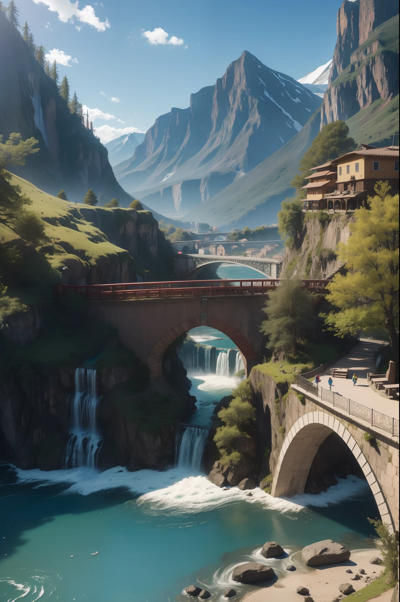 A magical place,Brightly colored waterfalls, Mountain, A bridge and a city leading to Olisante, 8K