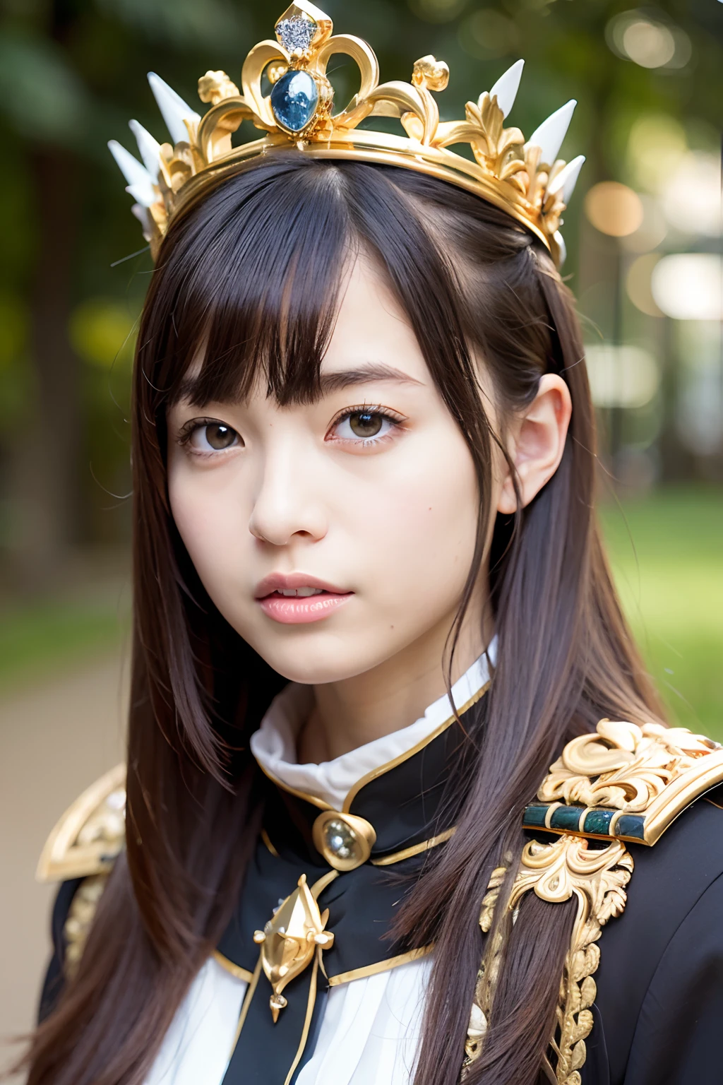 (masutepiece), Professional , masterpiece、top-quality、photos realistic , depth of fields (Gemstone Silver Metal Body:1.9),(Matte White、 Gold Weapon_(Metal:1.4),Gorgeous metal weapons , Detailed Sword of the Brave , Beautiful knife ,warhammer 40k , adepta sororitas,Detail and ornate jewel crown、Brown hair、Gangle's forest background、Beautiful Caucasian beauty、1a person、dynamic ungle,(((Detailed and ornate diamond crown)))、