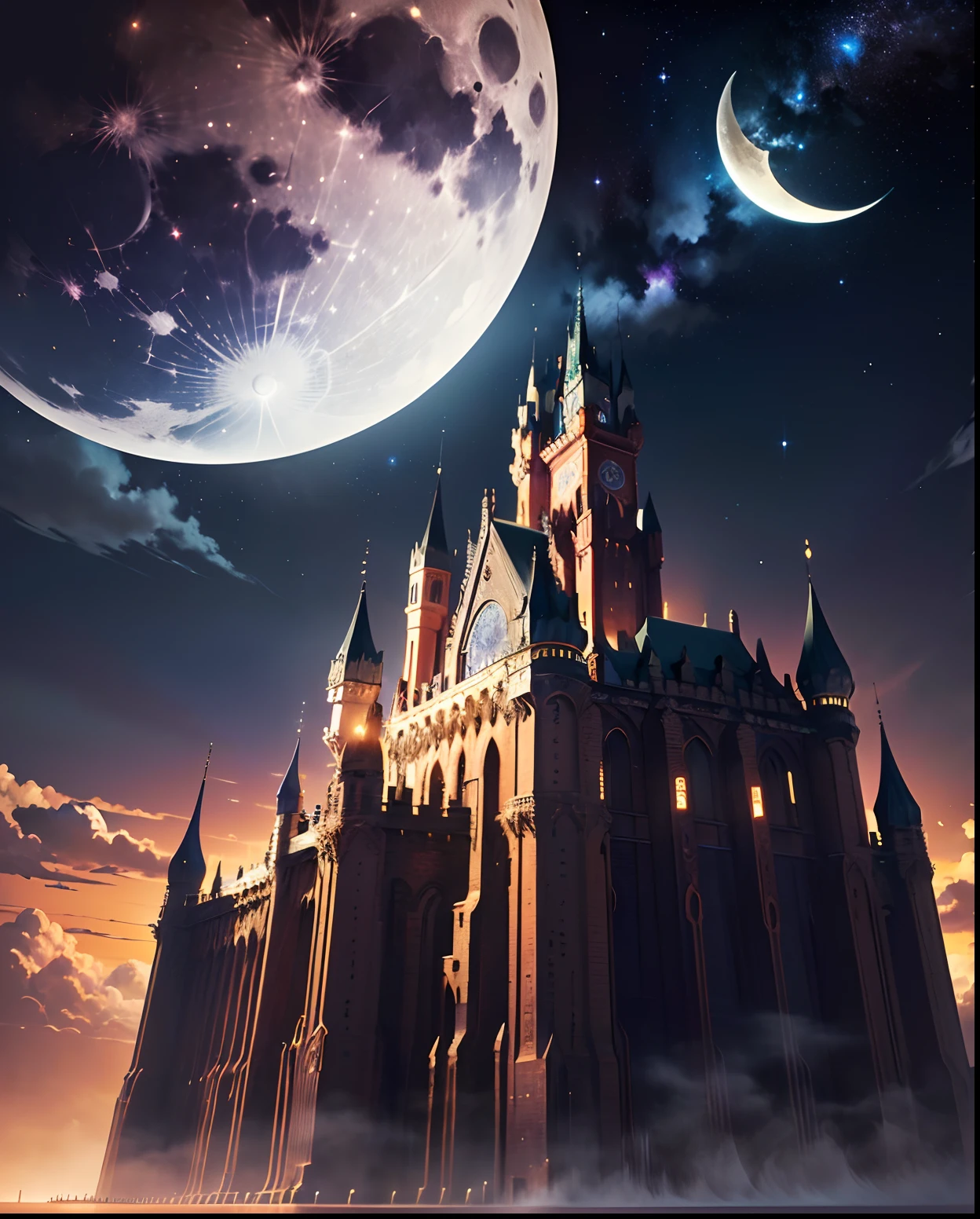 scenery of the night sky with the moon shining brightly over a huge beautiful kingdom, cinematic, detailed, establishing shot, extremely high detail,