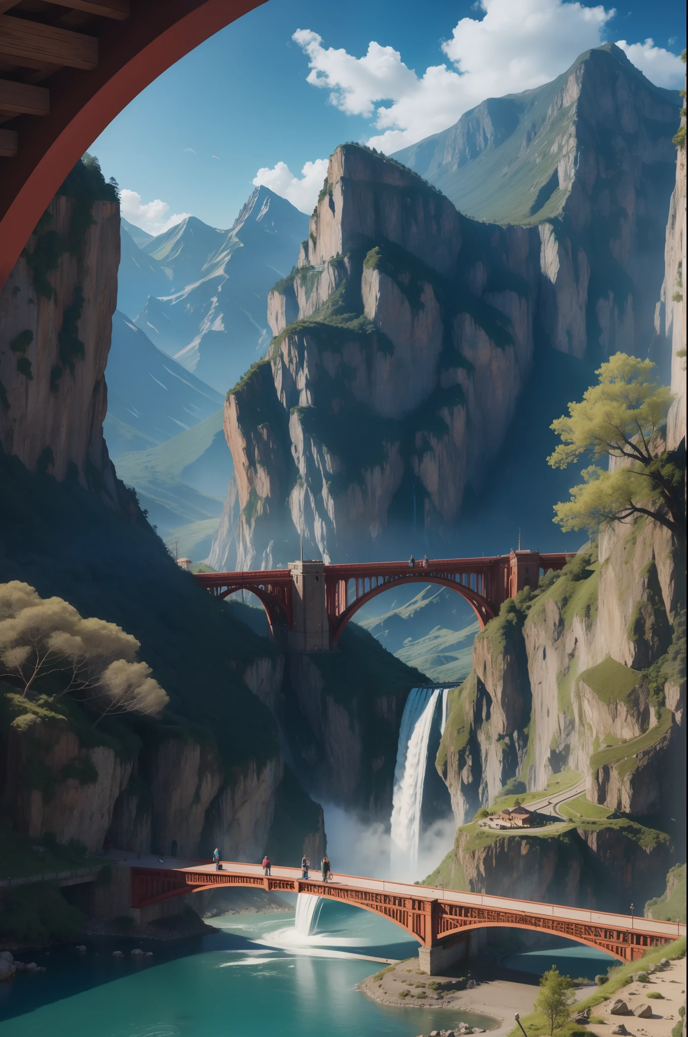 A magical place,Brightly colored waterfalls, Mountain, A bridge and a city leading to Olisante, 8K
