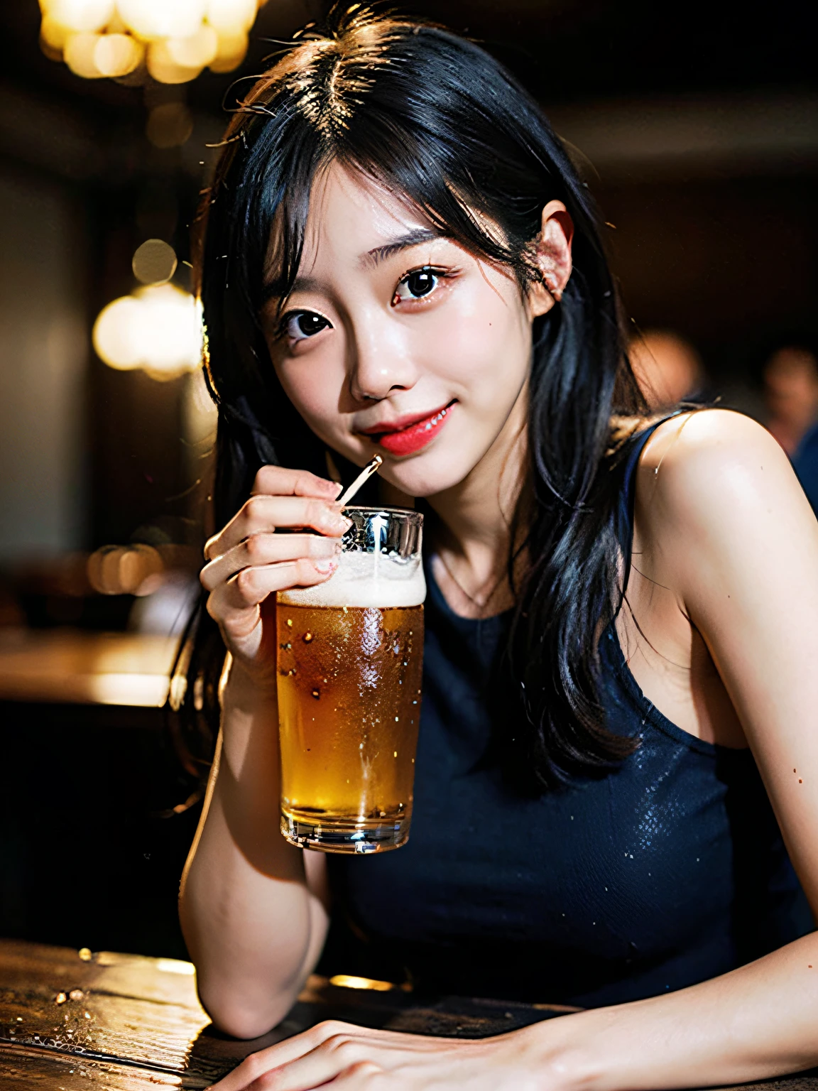 8k uhd,RAW photo,A cute Japanese woman drinking beer in a club and having fun,smile,