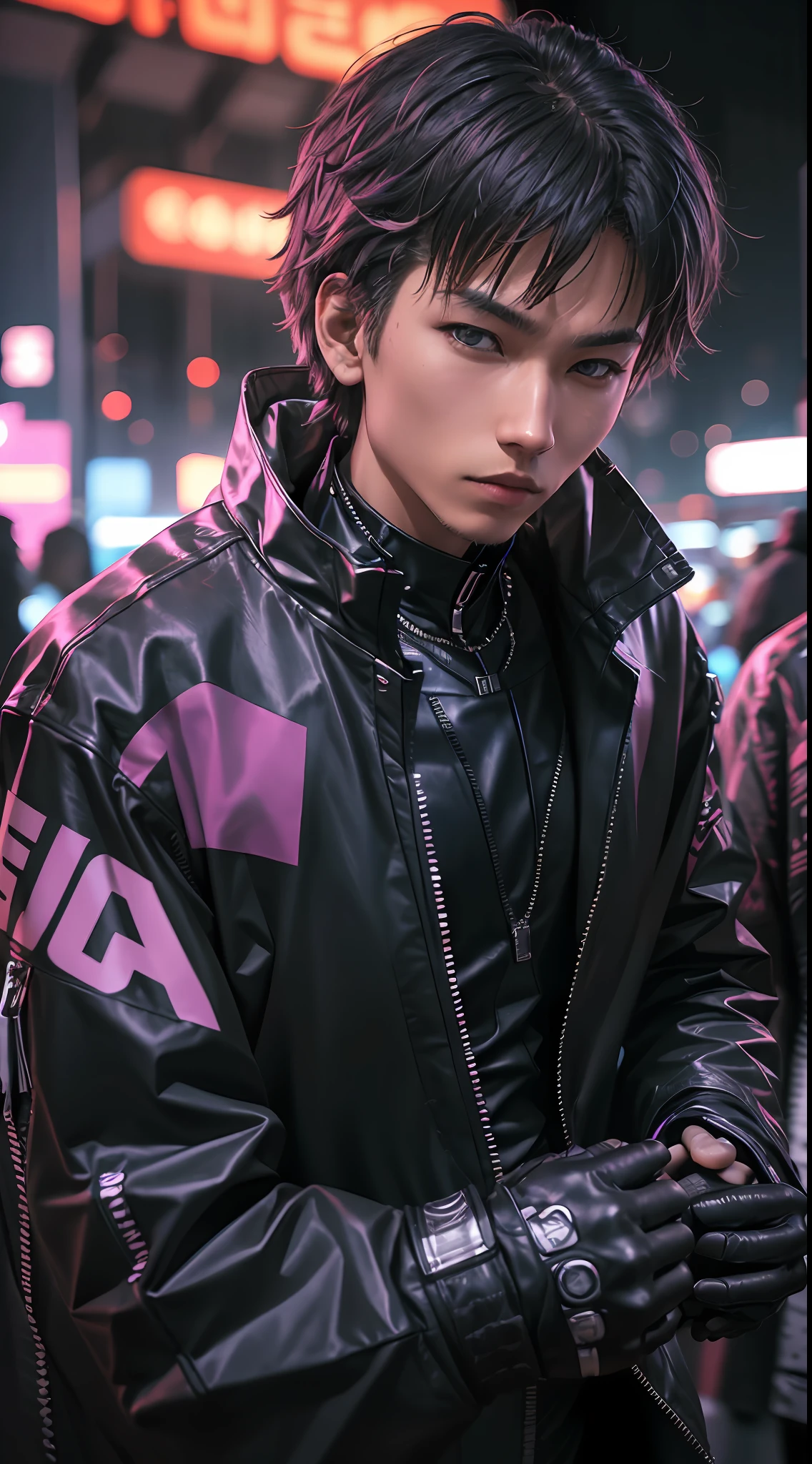 (tmasterpiece, best qualtiy, 1boys,)solo person,sportrait,RAW photogr,Best resolution,8K,lightand shade contrast,Short shaggy black and gray hair,Black eyebrows,Open pink jacket and black vest,Neon black style,Mechanical modification of limbs,mechanical cervical attachment to the neck,filmgrain, color difference,Light and shadow obscure the face,Sharp focus, 动态照明, cinmatic lighting,Blue and purple edge lights,Real photography photos,cyberpunk scene,shadowing,very complex details, realistic raytraicing,facing at the camera, neon light detail,