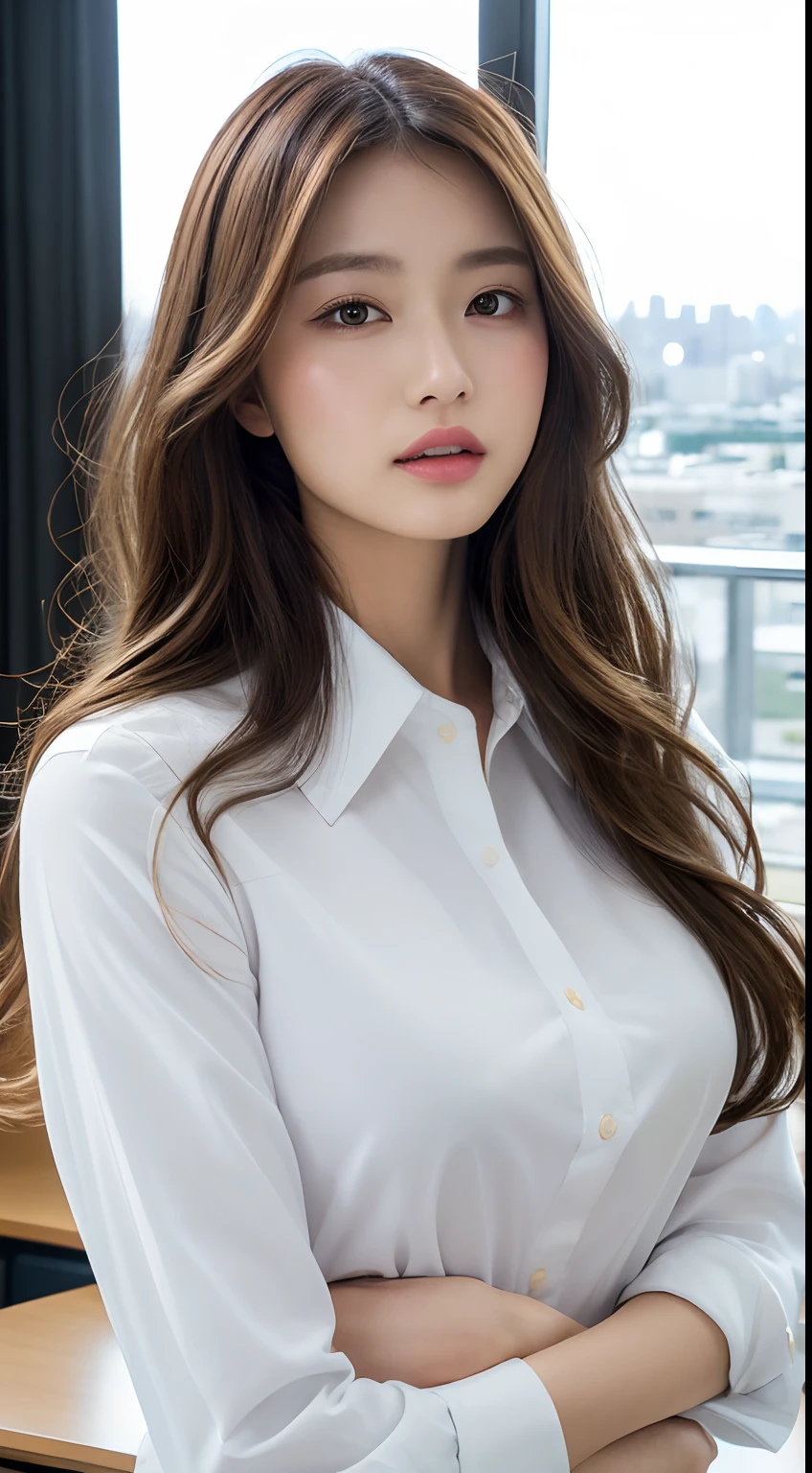 - [ ] photorealistic:1.37, masterpiece, best quality, raw photo, absurdres, uhd, 1girl, wavy hair, brown hair , looking at viewer, in the large meeting room of the office in the high tower office building in  Tokyo ,Tokyo tower,intricate detail, detailed background, detailed skin, pore, highres, hdr , presentation to ten men , beautiful model, soft light to the face,JP_MODELS , midium breasts, a 30 yo woman ,((white uniform shirts))