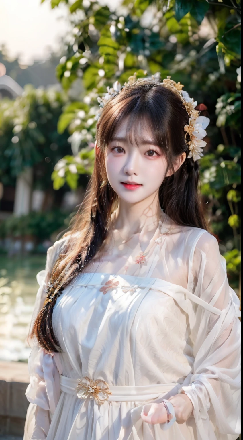 closeup on face, Face shot, (White dress :1.7), short  miko skirt, Long streamers, blonde hairs, golden hair, (Pointed ears: 1.5), (Gold pattern quality:1.3), female pubic hair, with long blond hair, Off-the-Shoulders, Top detail CG quality 4K wallpaper, Master, A Masterpiece, portraits, The middle, Watch the footage, Beautiful Chinese-Korean mixed race idol, ((Super fine face, detailed description of facial features)), Lip biting makeup, Sweet smile, Perfect facial features, Model figure, Good complexion, the trees, branches, Golden meadow, stream, Golden leaves, Evening, Twilight, The setting sun, Twilight, autumn, twin braids, hair strand, diagonal bangs, hair ribbon, hair ornament, forehead jewel, jeweled branch of hourai, crescent hair ornament, fish hair ornament, hime cut, low ponytail, realism, god rays, sparkle, cinematic lighting, lens flare, UHD, high details, high quality, highres, best quality, 8k, 16k, high details, high quality, super detail, anatomically correct, masterpiece, ccurate