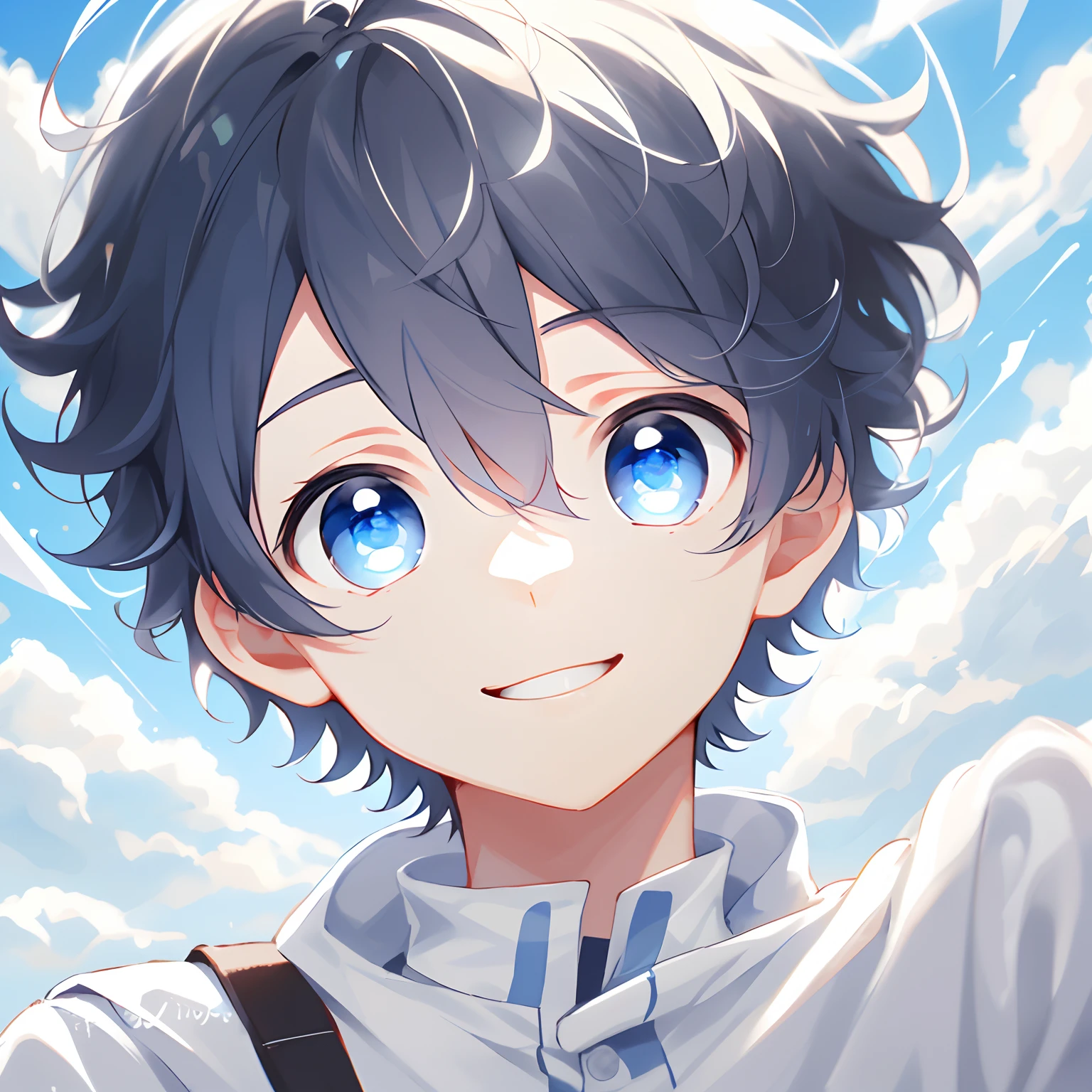 1boys，Solo, sportrait，whaite hair, short detailed hair, eBlue eyes, Hair between both eyes, Blue sky，The cloudy，ssmile，white backgrounid，clean backdrop