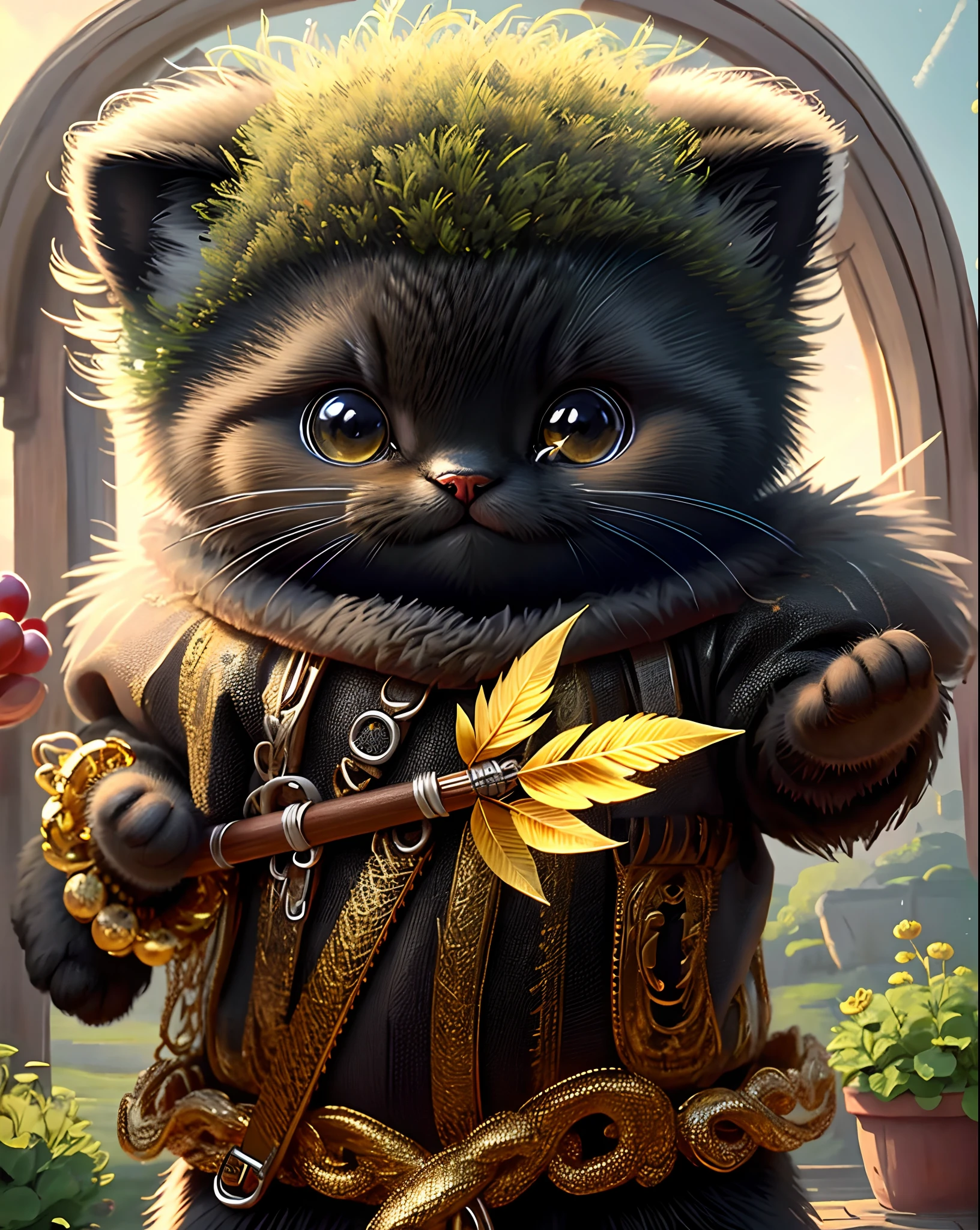 Top image quality、"Create a masterpiece of cute creatures. （black cat）, high detailing, in 8K、Top image quality、Dressed as an adventurer、Holding a spear and shield in your hands、