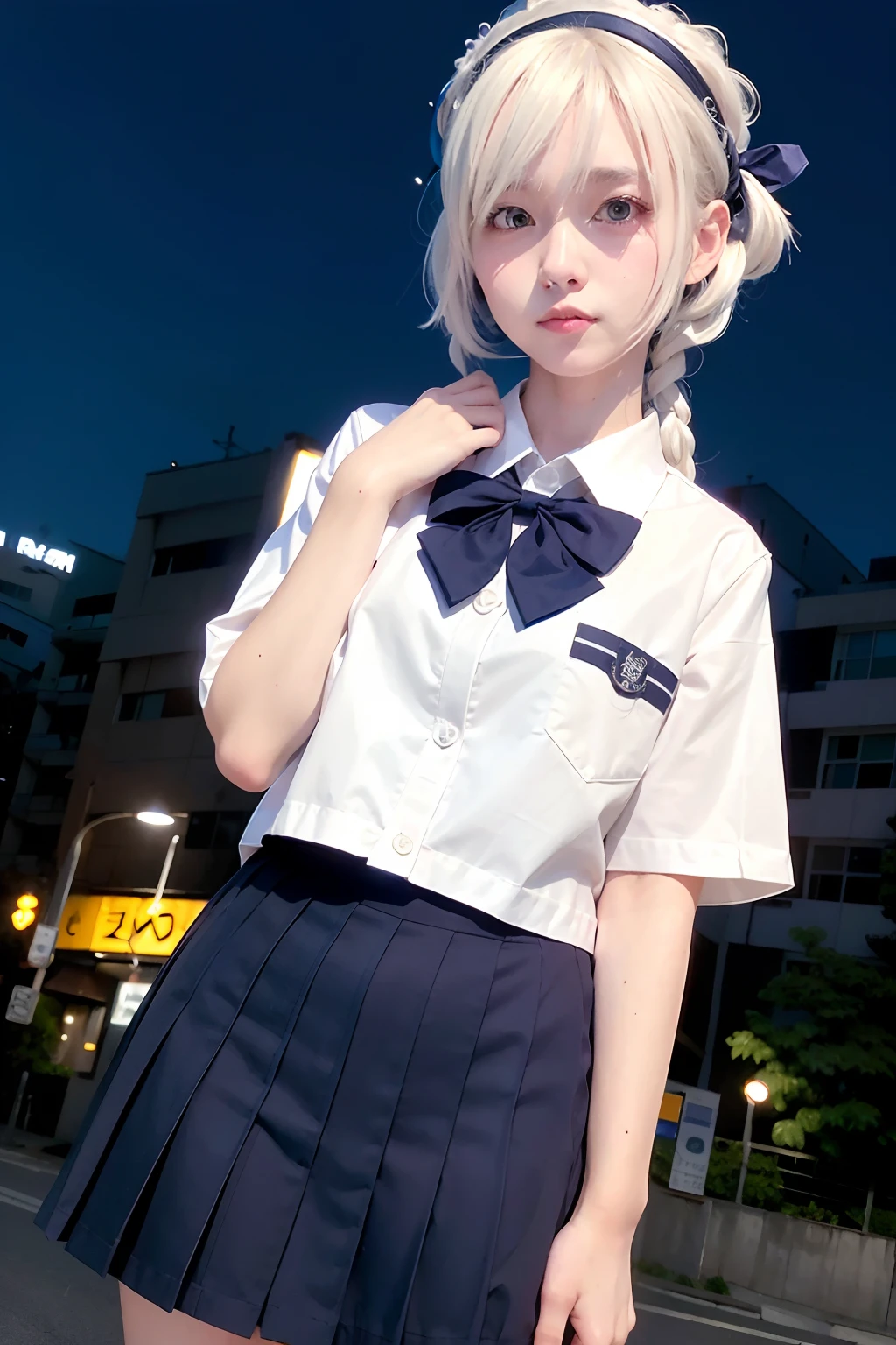 (8k, RAW photo, best quality, mastery:1.3),(realistic,photo-realistic:1.37),(night),(looking viewer:1.331),(white hair),posing,Tokyo street,nightcityscape,cyberpunk city ,softlighting,1girl,Extremely beautiful face,chest circumference,putdownhands,Casual hairstyle,The expression is casual,largeeyes,,Alvine,(Short-sleeved JK_shirt),JK_style,(Navy JK_skirt),(Bow JK_tie),mix4 without clothes,fullnude
