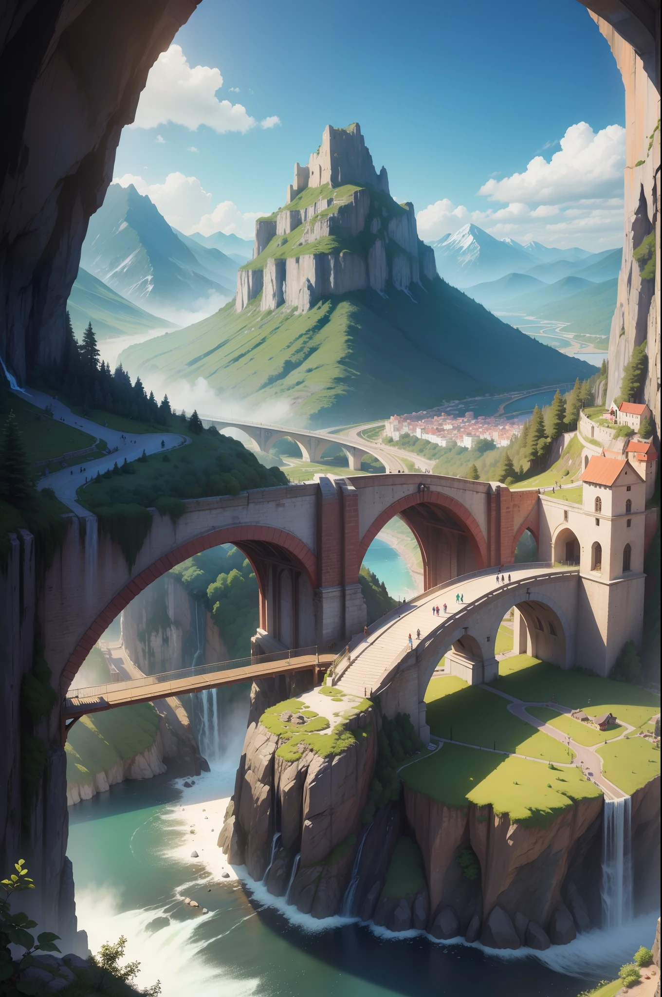 A magical place，Brightly colored waterfalls, Mountain, A bridge and a city leading to Olisante, 8K