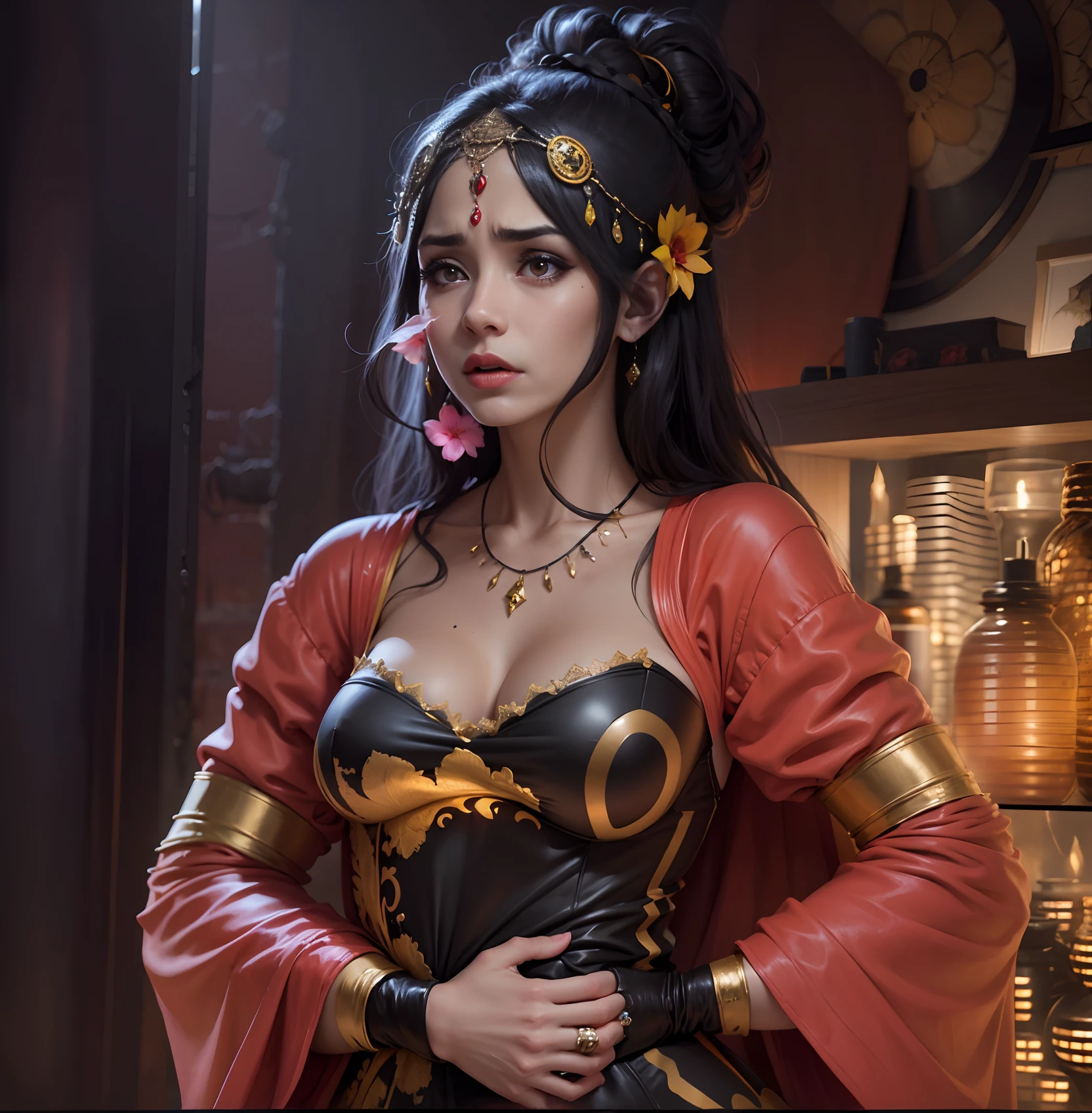 There was a woman in a costume，，Hold your stomach in your hand，Reveal a pained expression