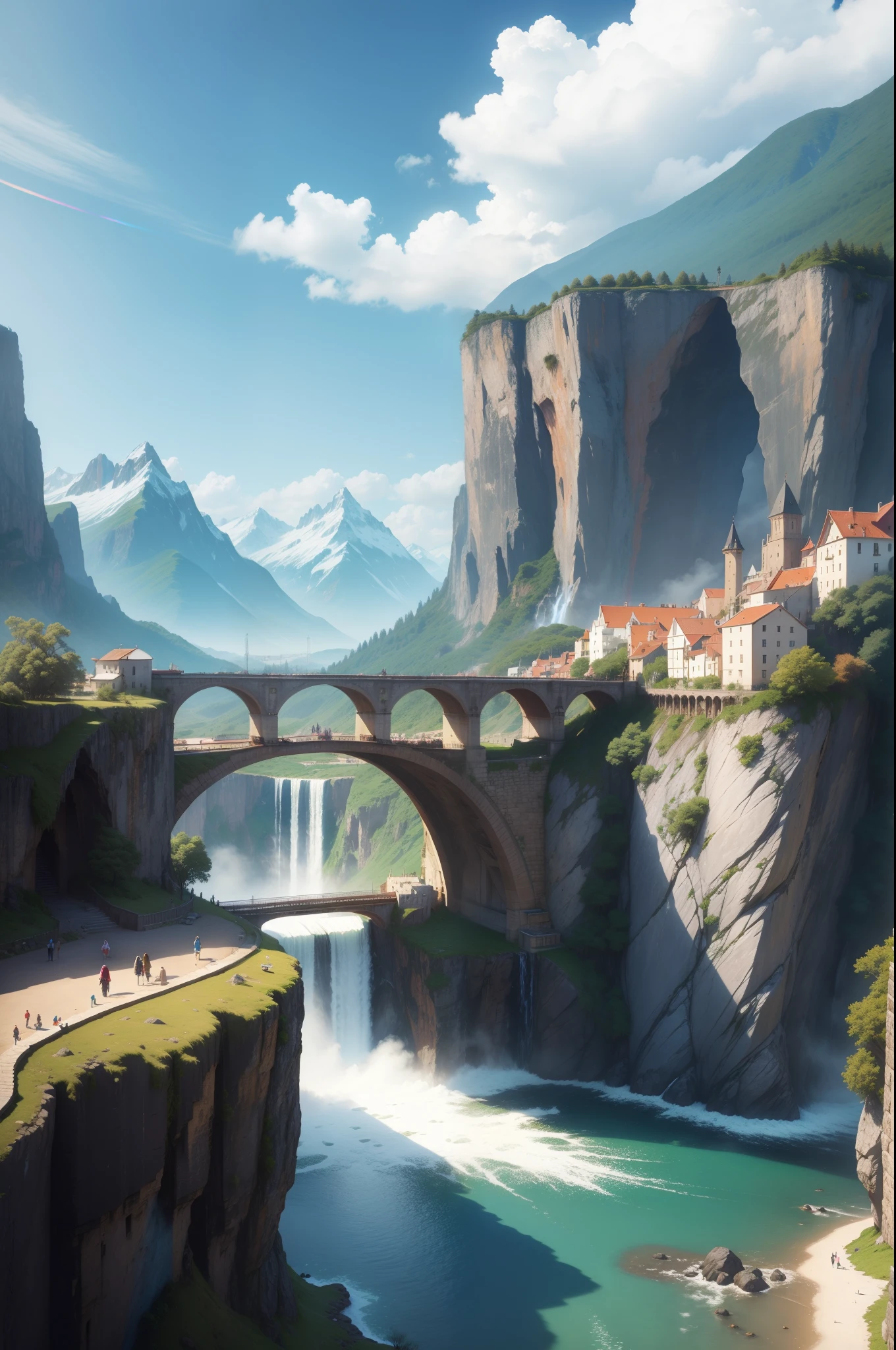 A magical place，Brightly colored waterfalls, Mountain, A bridge and a city leading to Olisante, 8K