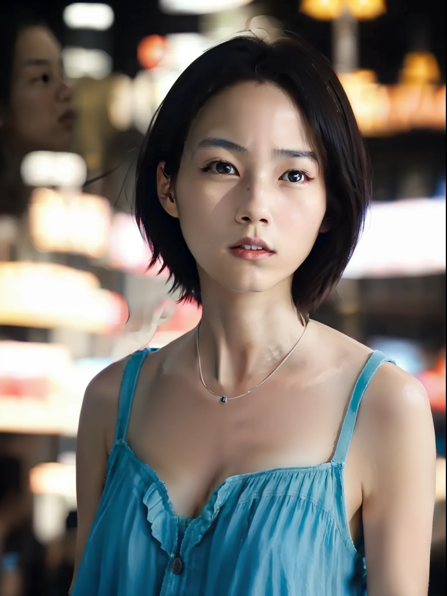 (RenaNonen :0.7), 1girl, idol, model, depth of field, photo, film, face, skinny, collarbone, movie, selfie, night,