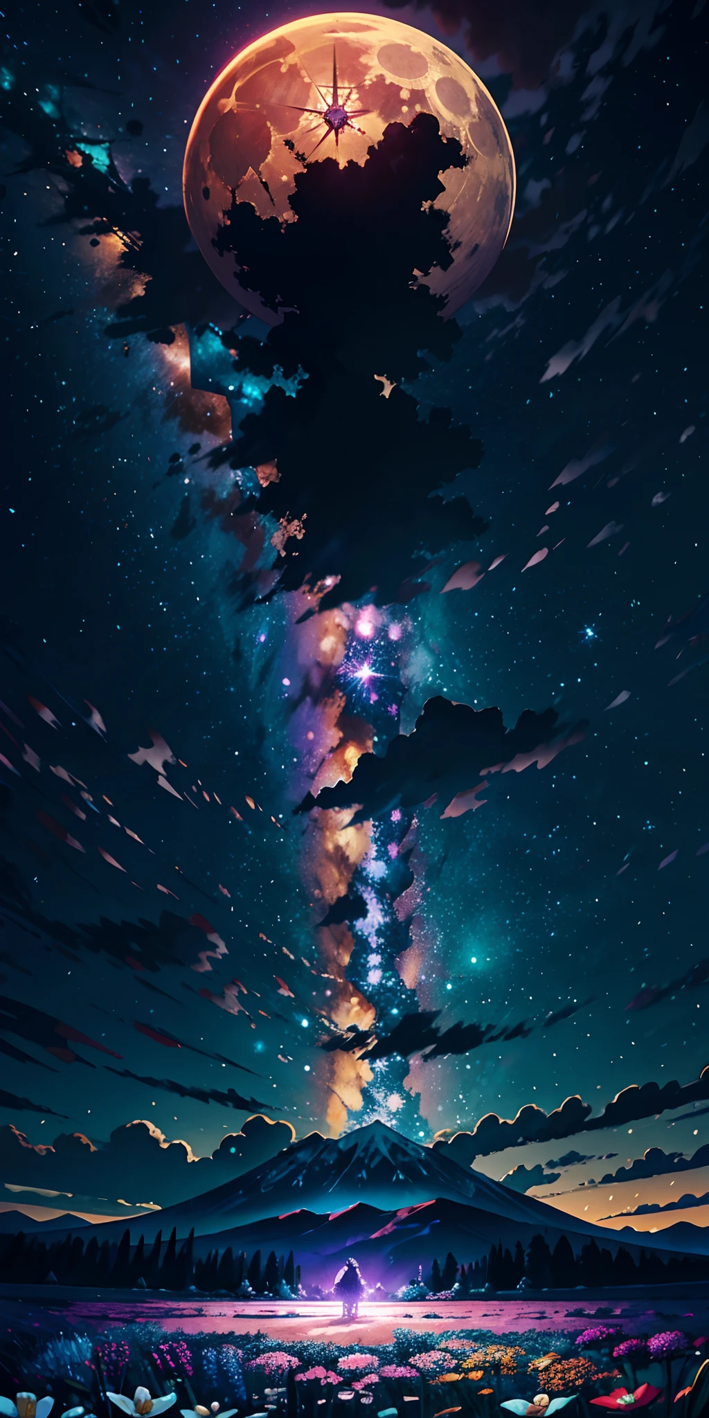 Expansive landscape photograph，（View from below with a view of the sky and the wilderness below），The little girl stood in the flower field and looked up，（moon full：1.2），（meteors：0.9），（Starcloud：1.3），Far Mountain，Tree BREAK Production Art，（Warm light source：1.2），（glowworm：1.2），Purple and orange，Complicated details，Volumetric lighting BREAK（tmasterpiece：1.2）， （HighestQuali），4K，ultra-delicate，（Dynamic configuration：1.4），Highly detailed and colorful details（Irridescent color：1.2），（Sparkling lighting，Atmospheric lighting），dream magical，magical，（独奏：1.2）