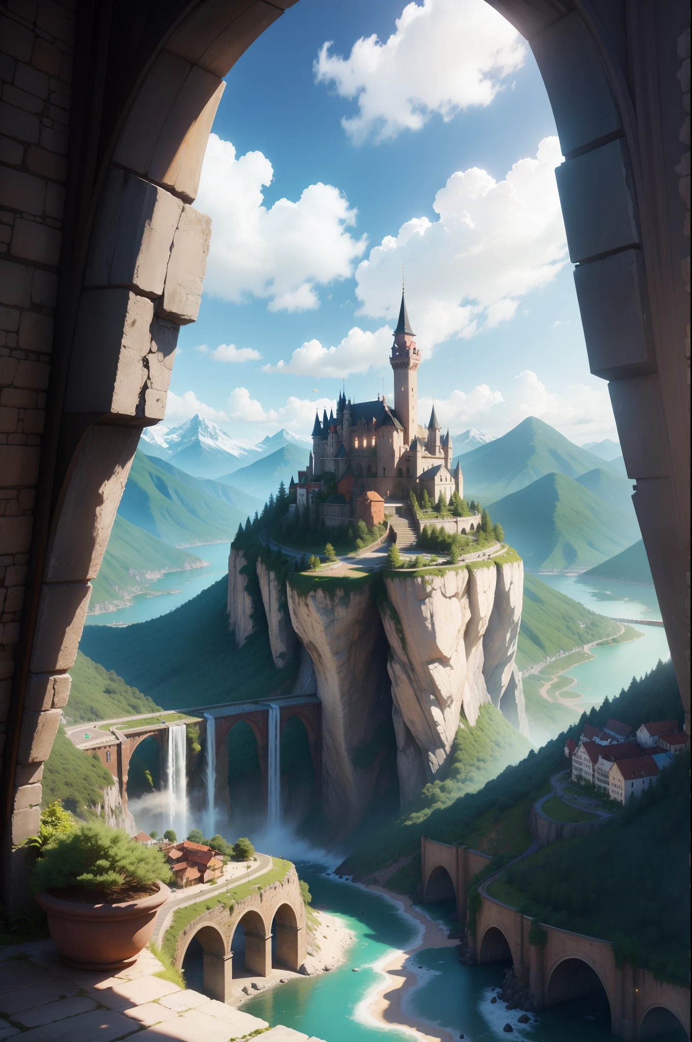 A magical place,Brightly colored waterfalls, Mountain, A bridge and a city leading to Olisante, 8K