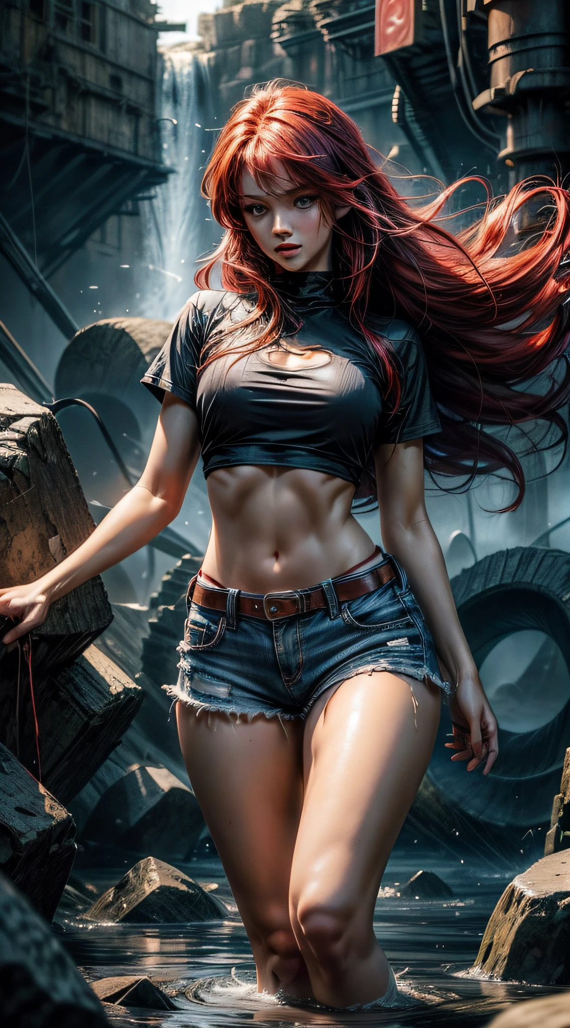 ((Best Quality)), ((Masterpiece)), (Detailed: 1.4), 8k, 1girl, blue eyes, red hair, very long hair, silky hair, big chest, slim waist, big body, defined body, thick thigh, well defined thigh. Wearing ripped micro shorts, babylook t-shirt. A concentration pose looking seriously at the viewer, low angle, view from the ground. Emitting a huge aura enveloping the entire body, a whirlpool of immense power enveloping the entire body, ki charge, intricate white aura with red aura.