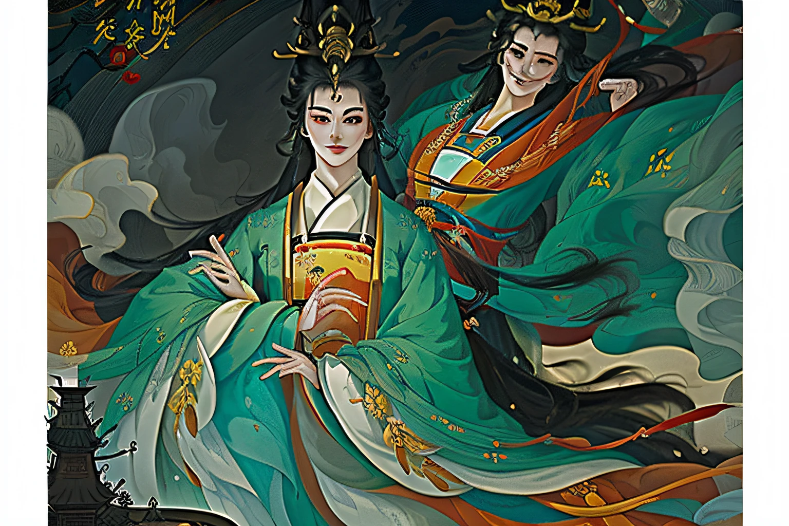 gufeng, table, multiple girls, long hair, 2girls, black hair, sitting, hair ornament, chinese clothes, long sleeves, dress, hanfu, smile, hair bun, lantern