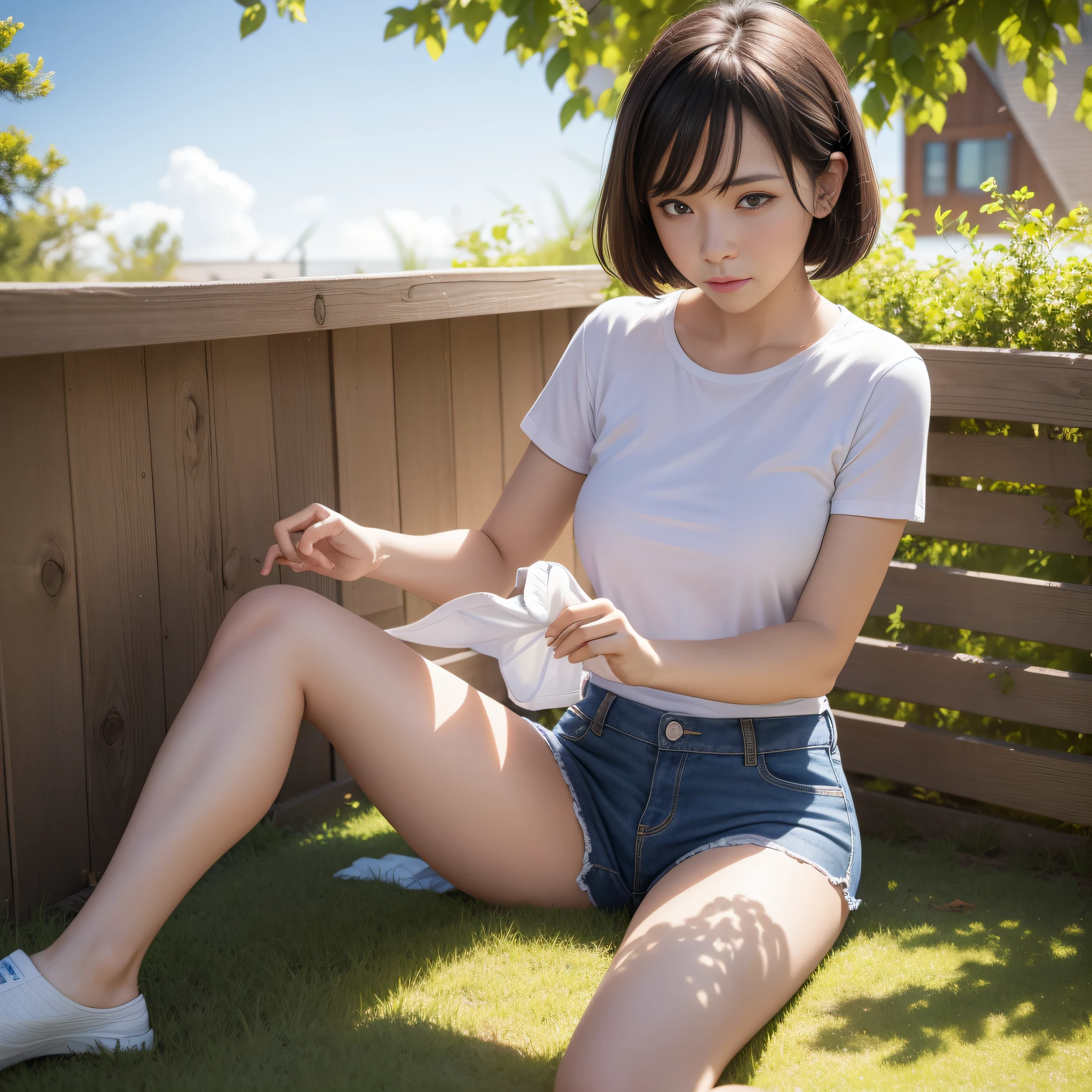 A woman drying her underwear in the yard,Front lens,sface focus