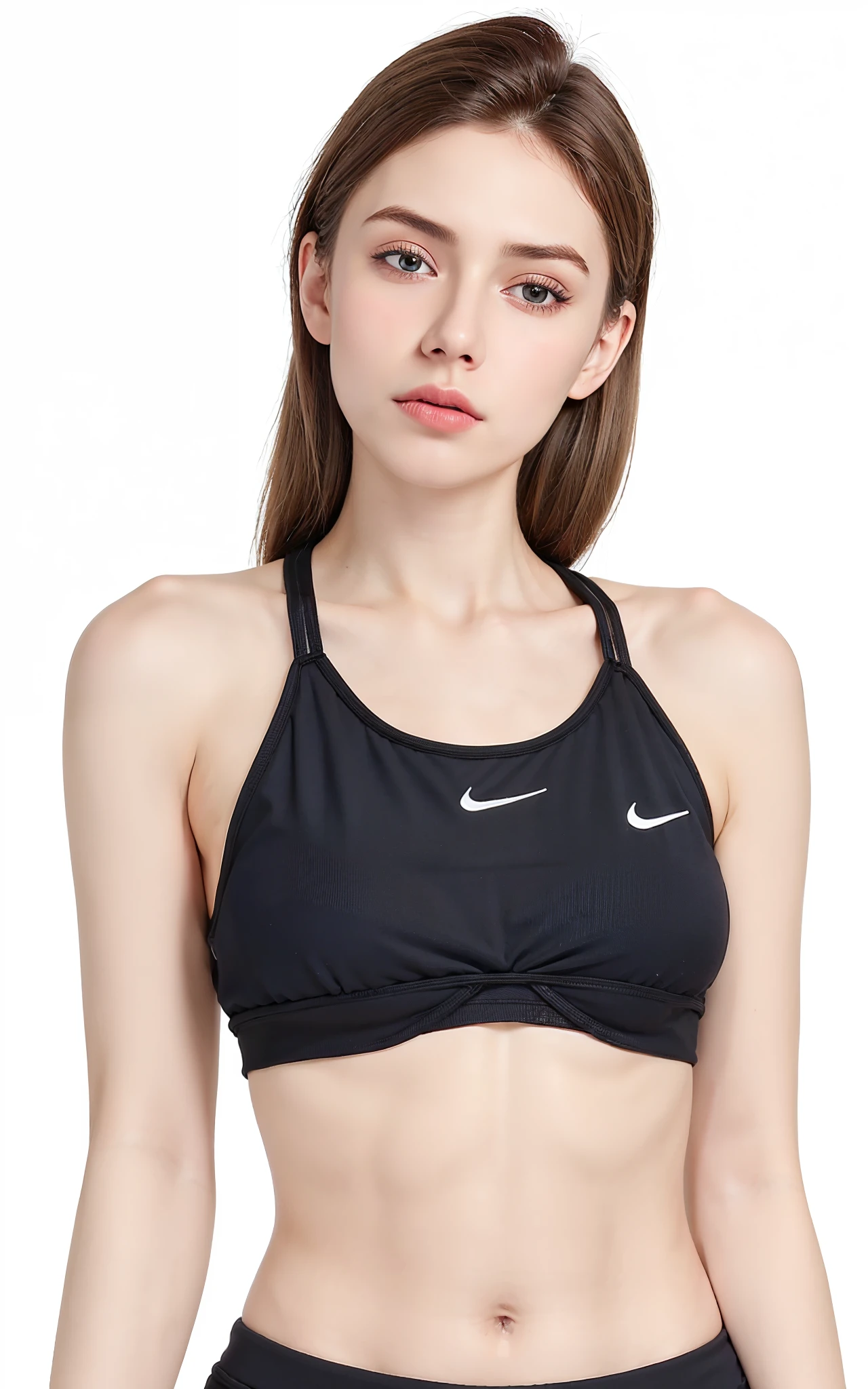 A closeup of a gorgeous woman in a gray sports bra top, sports bra, Esporte bom, brassier, sport bra and shirt, detailed sports bra, sport bra and shorts, roupas esportivas, Bralette, roupas esportivas, two piece workout clothes, tight push up bra, camisa Nike, sport bra and dark blue shorts, roupas esportivas fofas, in a bra