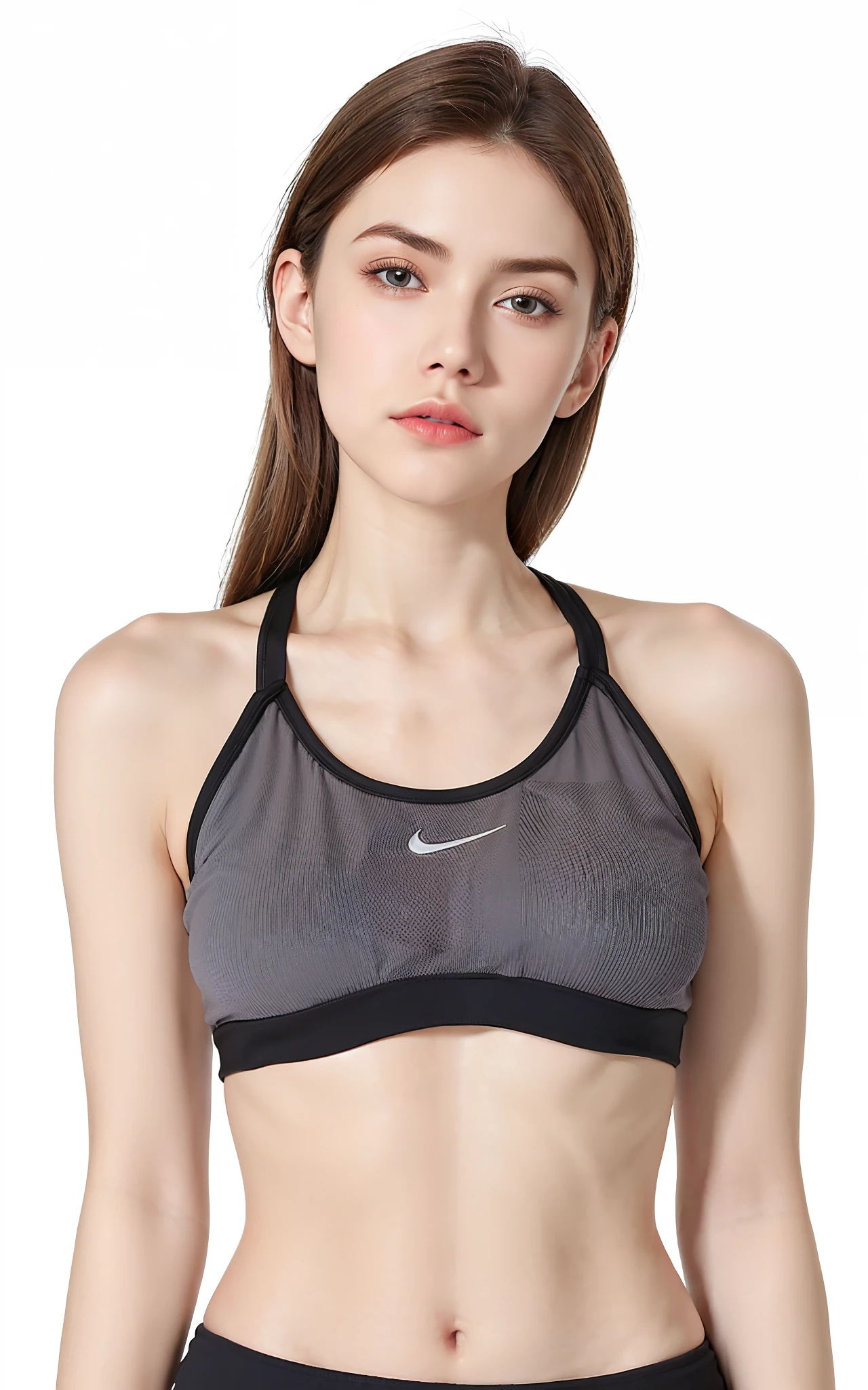 A closeup of a gorgeous woman in a gray sports bra top, sports bra, Esporte bom, brassier, sport bra and shirt, detailed sports bra, sport bra and shorts, roupas esportivas, Bralette, roupas esportivas, two piece workout clothes, tight push up bra, camisa Nike, sport bra and dark blue shorts, roupas esportivas fofas, in a bra