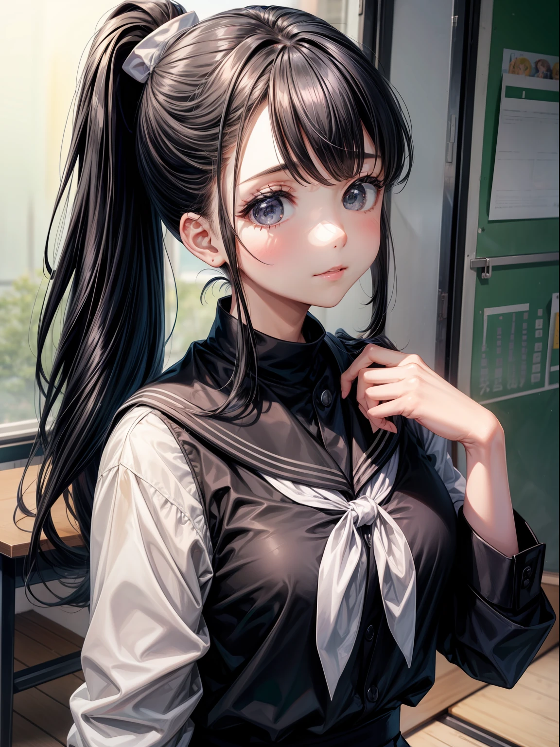 Girl in black ponytail、Wearing a uniform、High school students、Japan girls、black eyes、cute  face、masuter piece、perfect body,Hair is bouncing、beautiful countenance、‎Classroom、Beautiful hands、