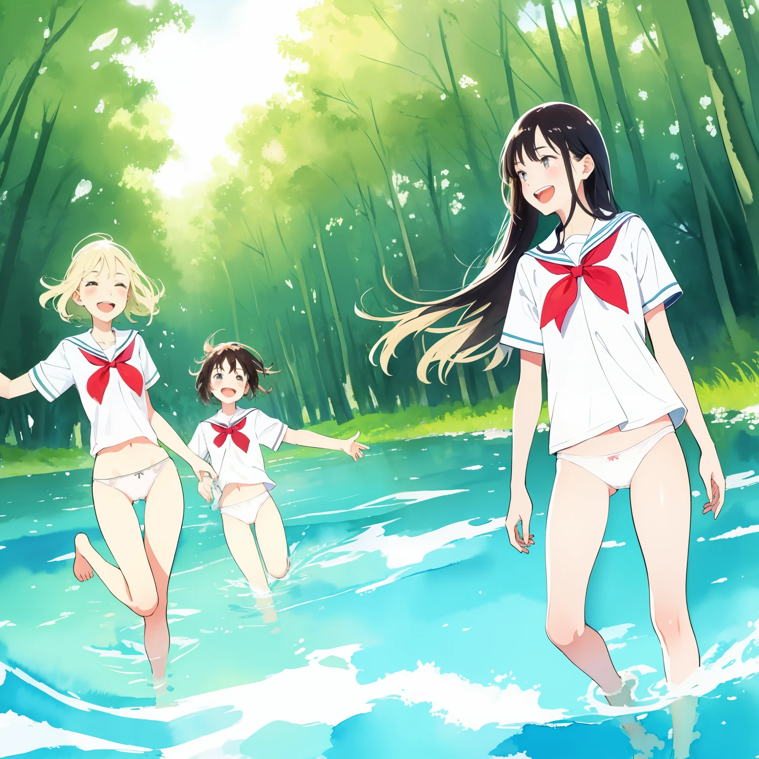 masterpiece, best quality, 2girls, petite, slim, flat chest, school shirt uniform, white panties, bathe in a forest lake, run in water, smile, laugh, fun, summer, warm, soft light, bright, watercolor