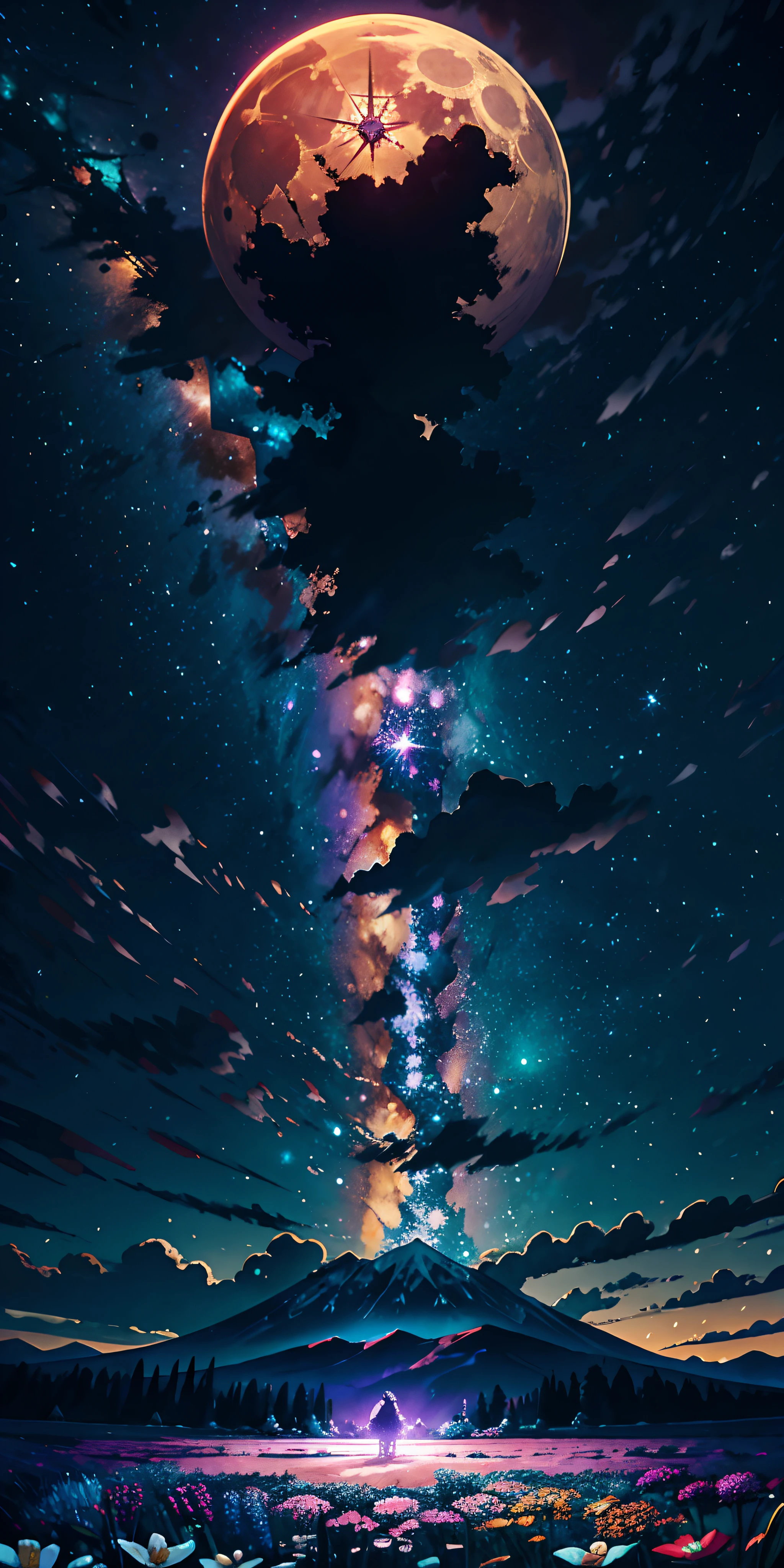 Expansive landscape photograph，（View from below with a view of the sky and the wilderness below），The little girl stood in the flower field and looked up，（moon full：1.2），（meteors：0.9），（Starcloud：1.3），Far Mountain，Tree BREAK Production Art，（Warm light source：1.2），（glowworm：1.2），Purple and orange，Complicated details，Volumetric lighting BREAK（tmasterpiece：1.2）， （HighestQuali），4K，ultra-delicate，（Dynamic configuration：1.4），Highly detailed and colorful details（Irridescent color：1.2），（Sparkling lighting，Atmospheric lighting），dream magical，magical，（独奏：1.2）