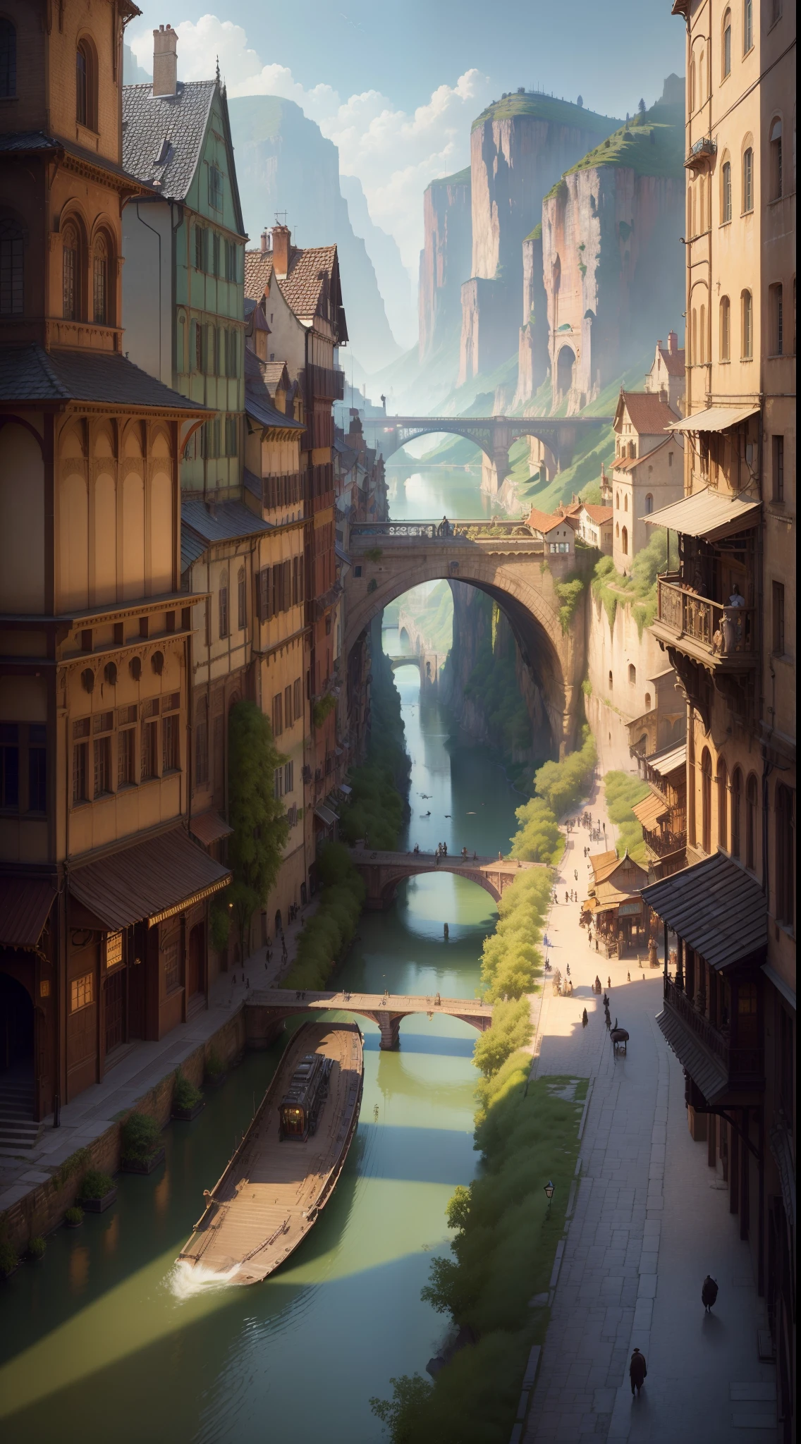 ((masterpiece)),((best quality)),((high detial)),((realistic,)) industrial age cities, bazaars, crowds, huge cat monsters, full of details, architectural streets, lakes, European buildings, (Bridge: 0.8), building street, rainy day, steampunk, European architecture, deep canyon in the middle, mountains in the distance.. hundreds of cats going to work