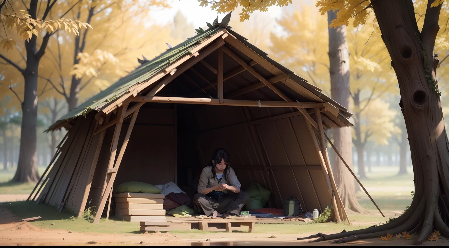 Search for photos of a person building a makeshift shelter with branches and more leaves."anime style