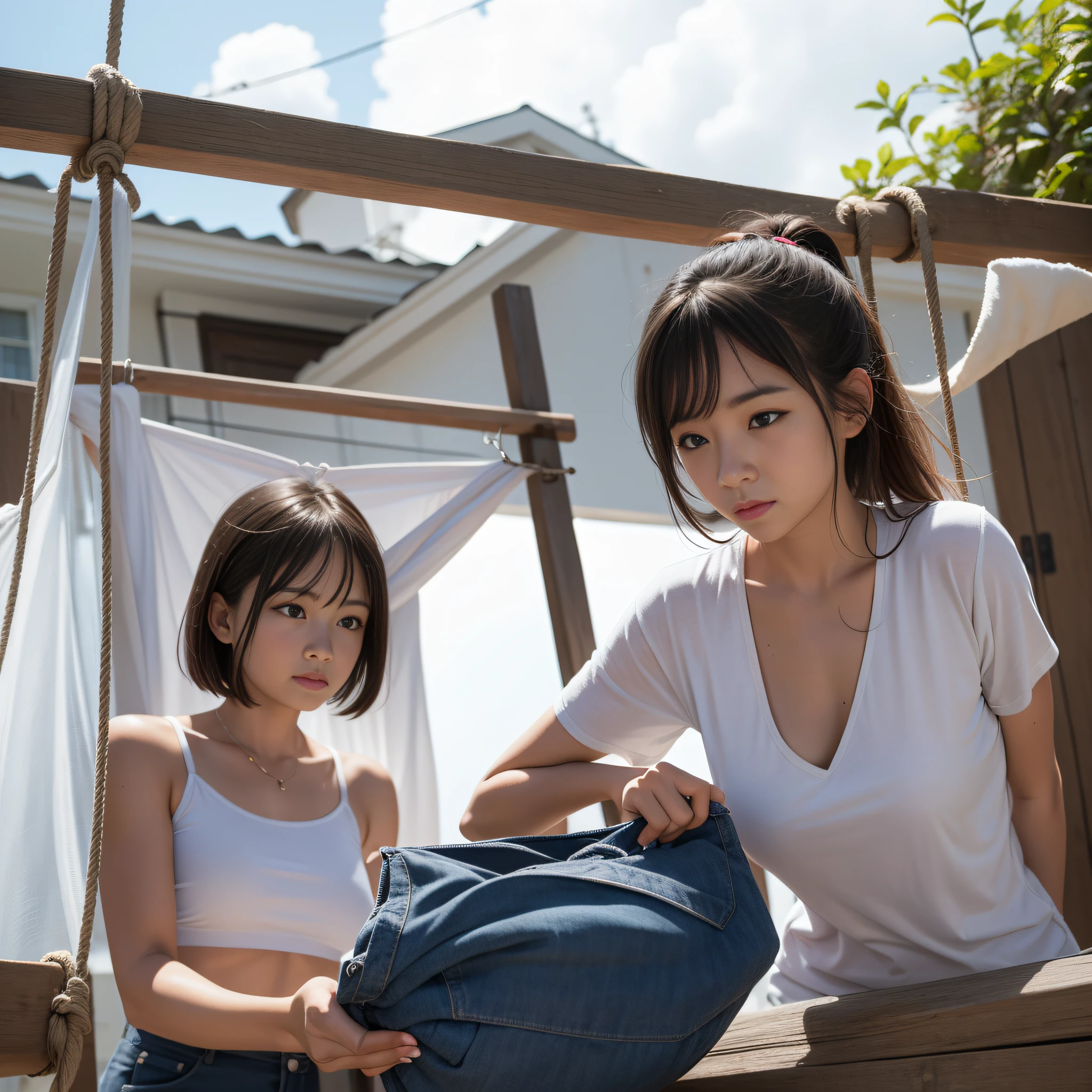 A woman does laundry in the yard,Underwear hanging on the rope,Front lens,sface focus