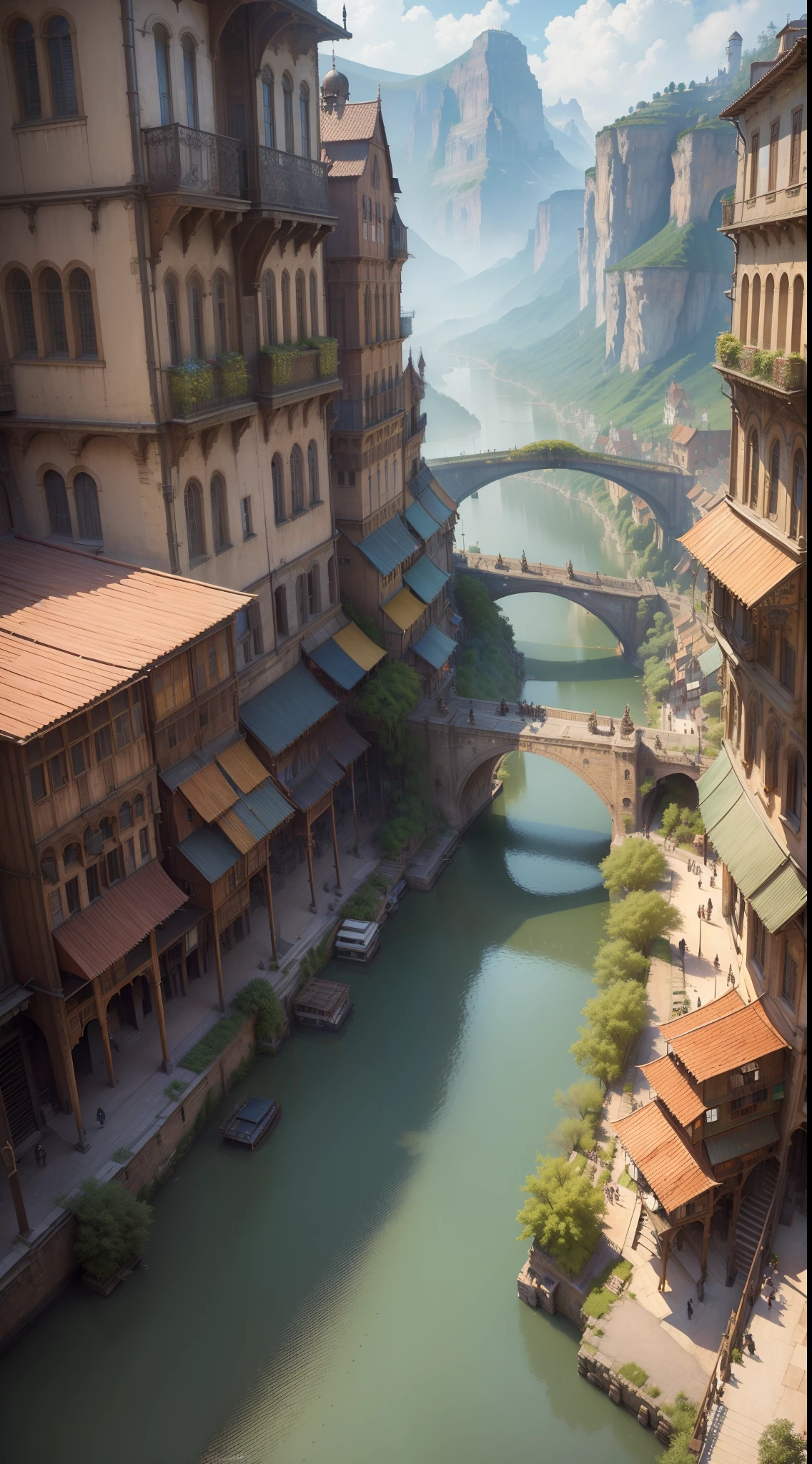 ((masterpiece)),((best quality)),((high detial)),((realistic,)) industrial age cities, bazaars, crowds, huge cat monsters, full of details, architectural streets, lakes, European buildings, (Bridge: 0.8), building street, rainy day, steampunk, European architecture, deep canyon in the middle, mountains in the distance.. hundreds of cats going to work