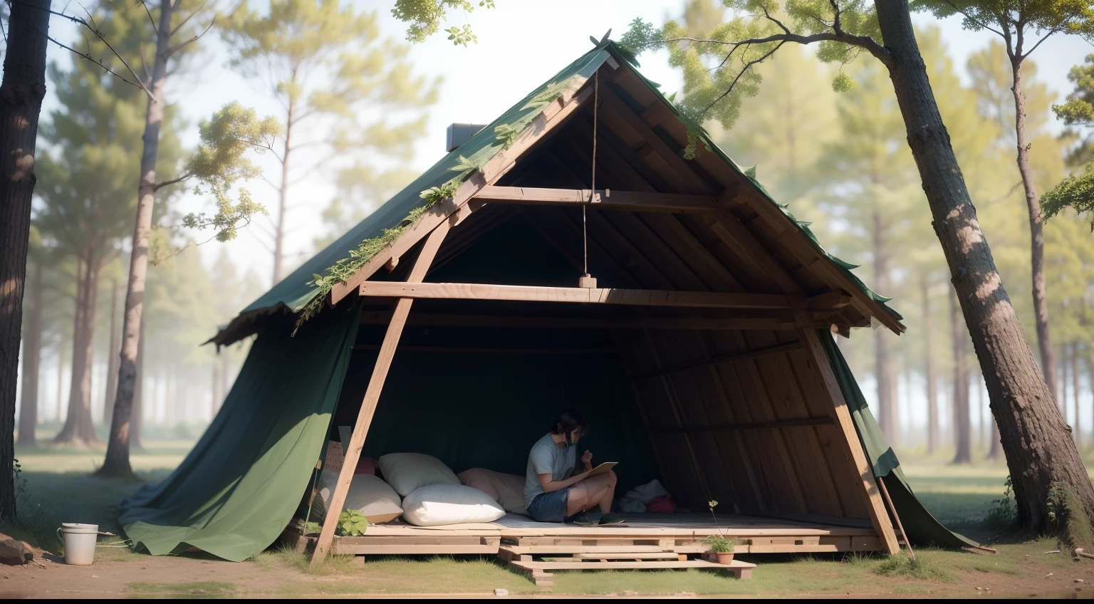 Search for photos of a person building a makeshift shelter with branches and more leaves."anime style