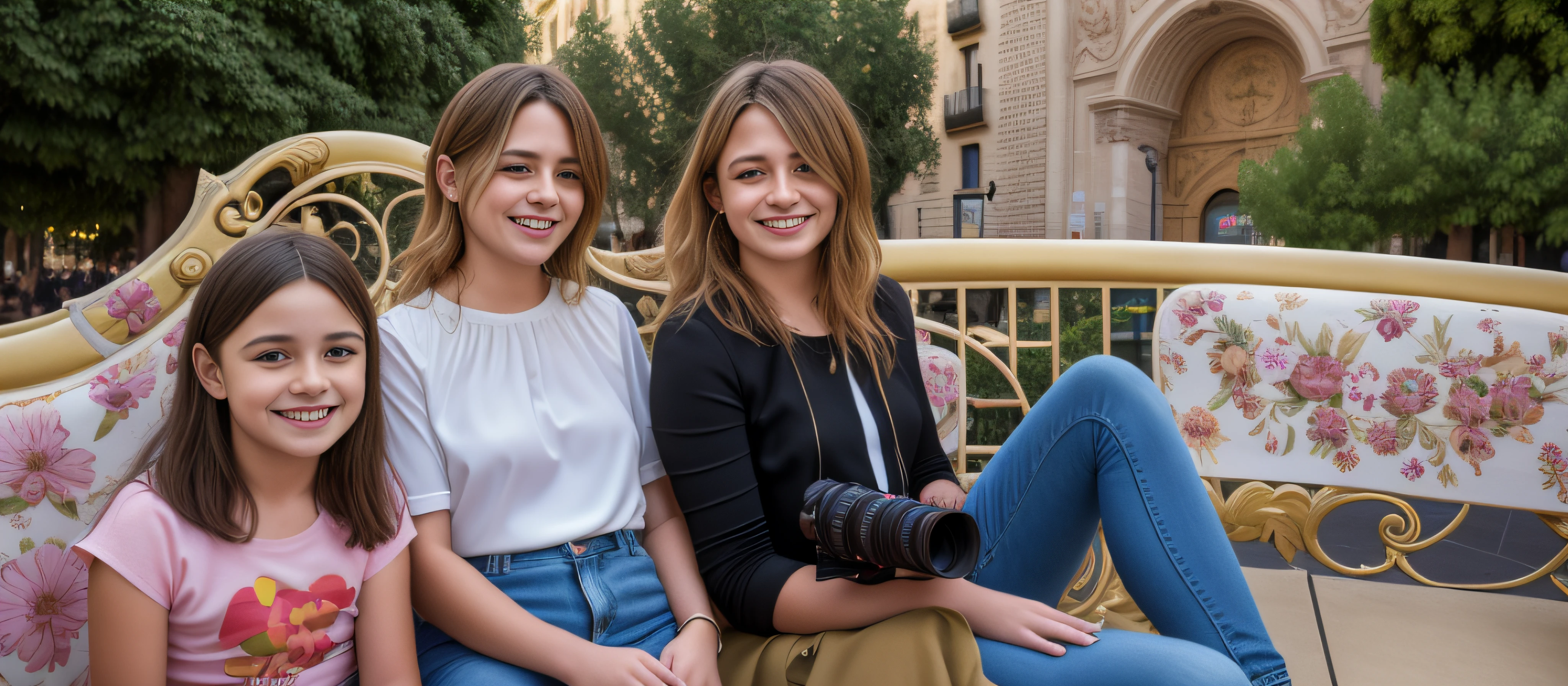 three women sitting on a bench with a camera in front of them, in barcelona, a picture, photo portrait, in spain, portrait photo, foto, vacation photo, portrait picture, profile pic, portait photo, profile image, posed, taken in the early 2020s, maia sandu hyperrealistic, photo taken in 2020