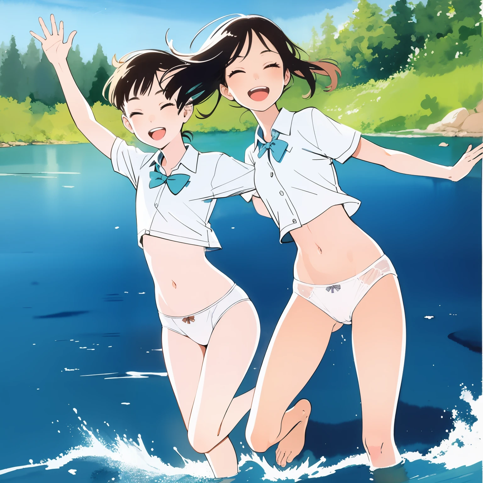 masterpiece, best quality, 2girls, petite, slim, flat chest, school shirt uniform, white panties, bathe in a forest lake, jump in water, smile, laugh, fun, summer, warm, soft light, bright, dynamic pose, wide angle, watercolor